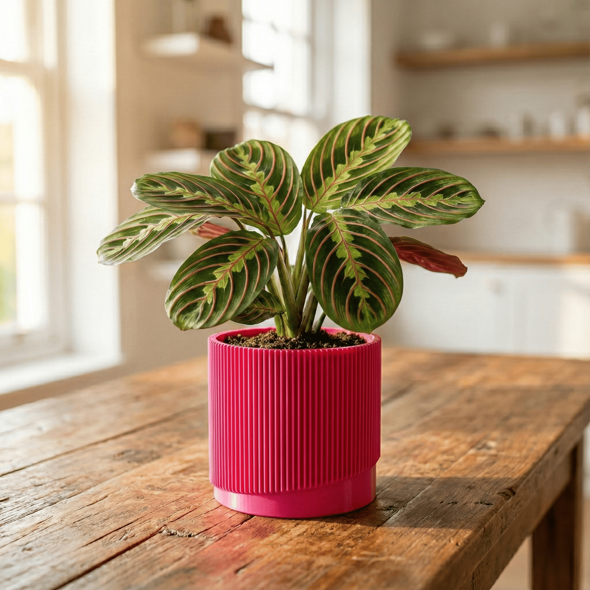 Rosebud HomeGoods Pink / 4 Inch + Drip Tray Mid-Century Ribbed Planter with Drainage and Saucer in Multiple Colors, 3D Printed Planter with Unique Modern Design, Lightweight, Wave