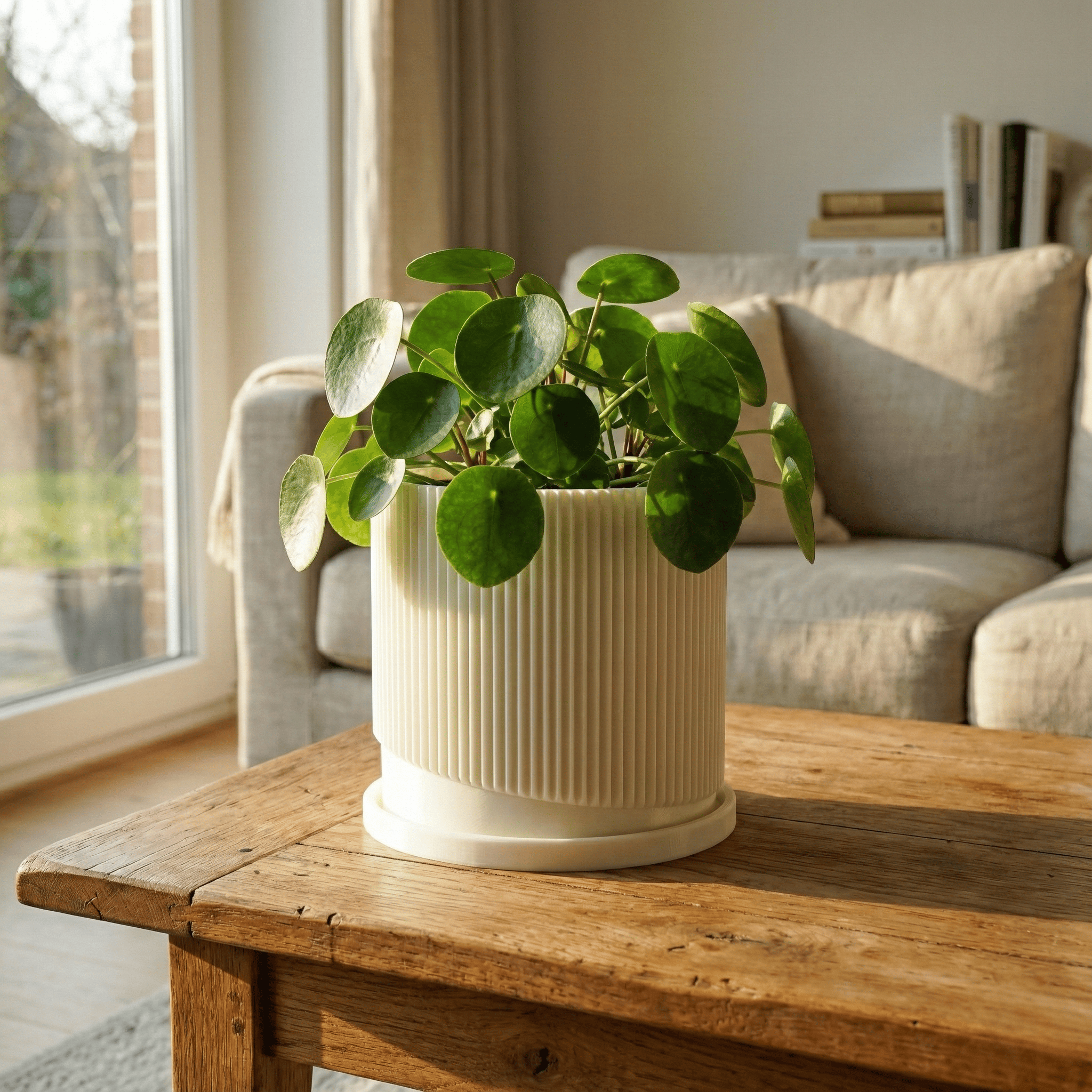 Rosebud HomeGoods White / 4 Inch + Drip Tray Mid-Century Ribbed Planter with Drainage and Saucer in Multiple Colors, 3D Printed Planter with Unique Modern Design, Lightweight, Wave