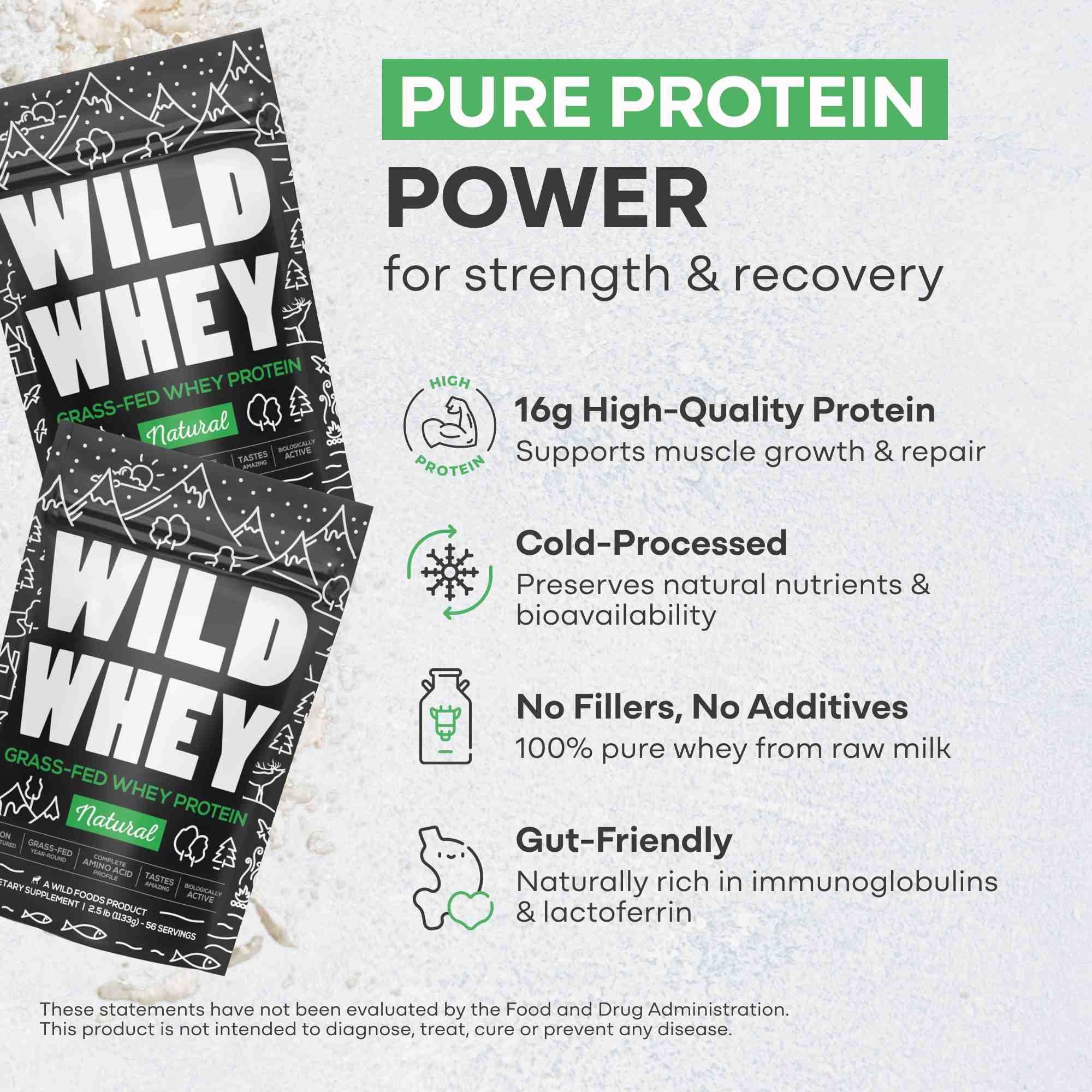 Wild Foods Protein 1x 1.3lb Cold Process Grass-Fed Whey Protein, Non-denatured, Pasture-Raised Cows
