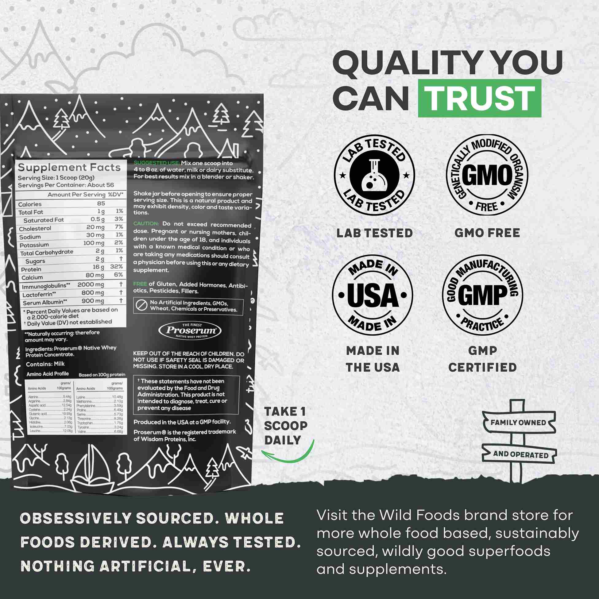 Wild Foods Protein 1x 1.3lb Cold Process Grass-Fed Whey Protein, Non-denatured, Pasture-Raised Cows