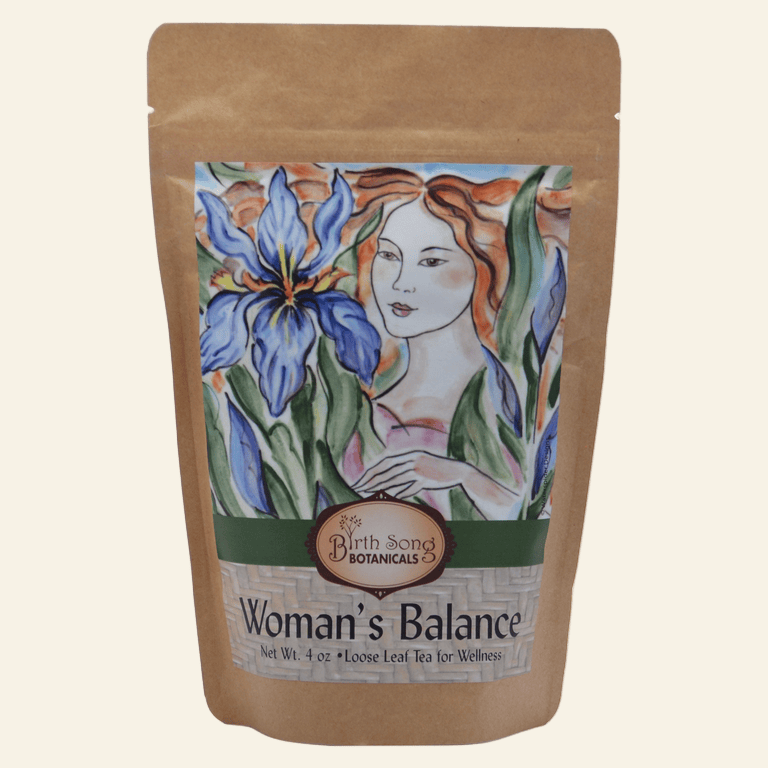 Kraft paper tea bag with a woman and flower illustration and &