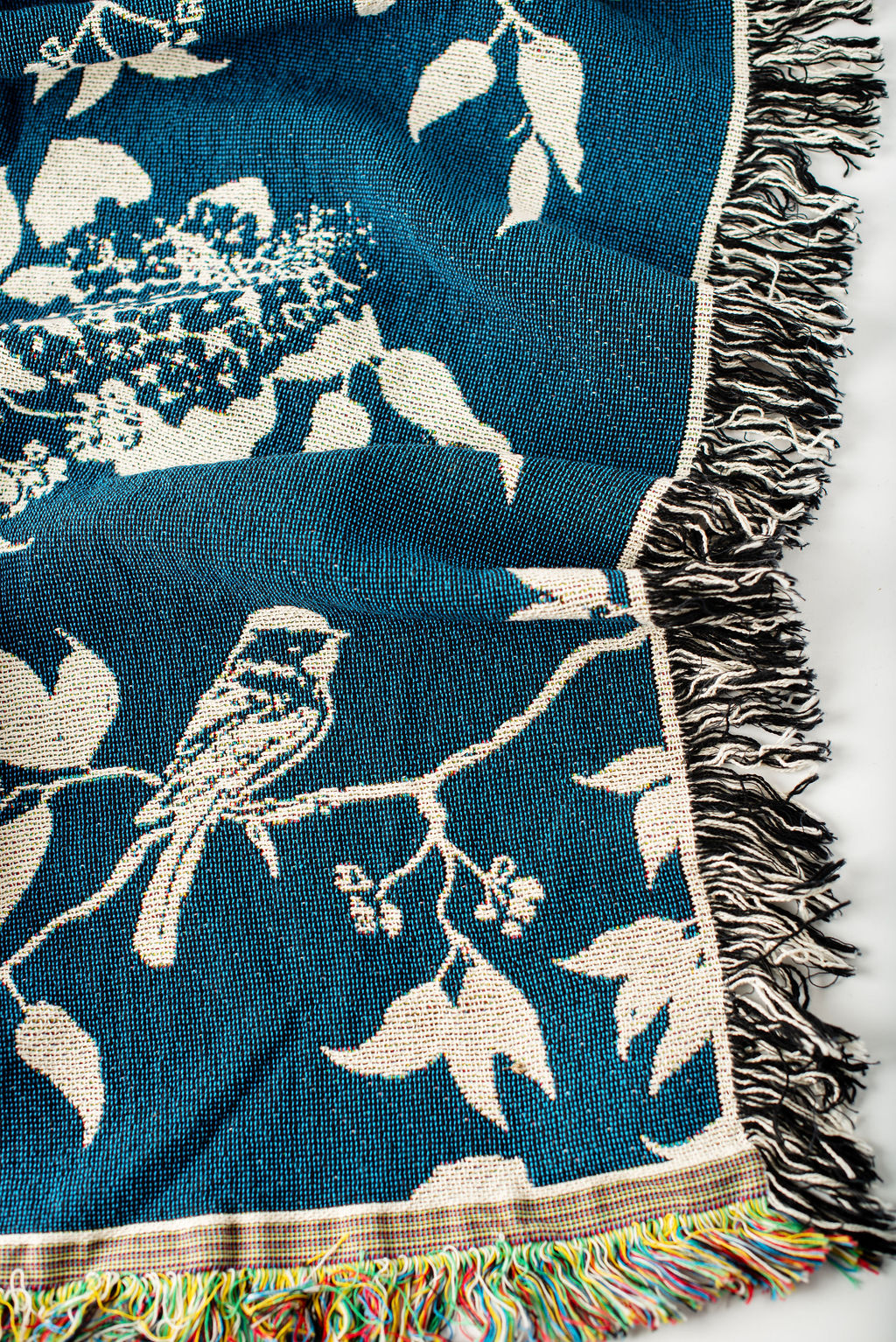 Wren Tidesong Teal Bird & Botanical Cotton Throw Blanket