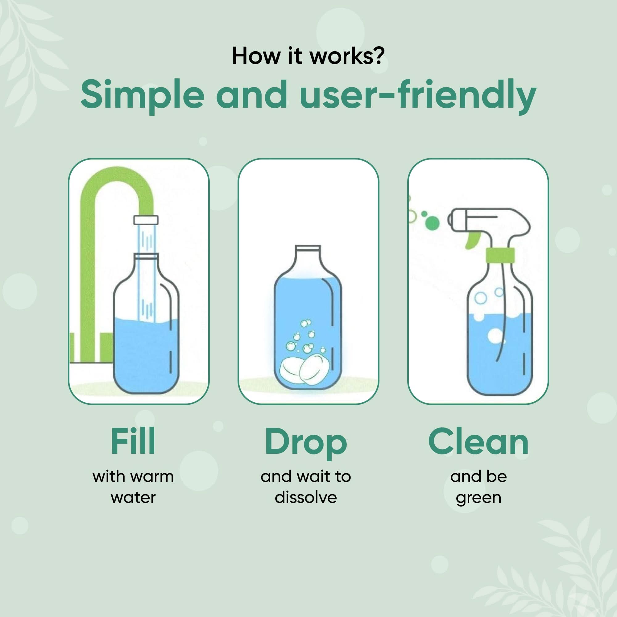 Step-by-step guide on how to use a cleaning product with illustrations and text.