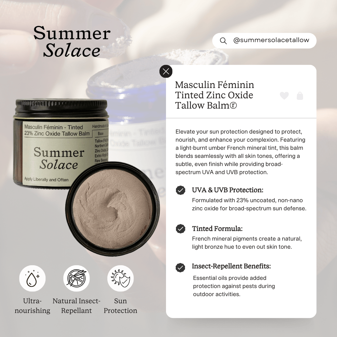 Summer Solace Tallow SPF Family Size Bulk 11.5 oz in Clear Glass Jar (Best Value) 23% Non-Nano Zinc Tinted Tallow Balm | Tinted and Scented