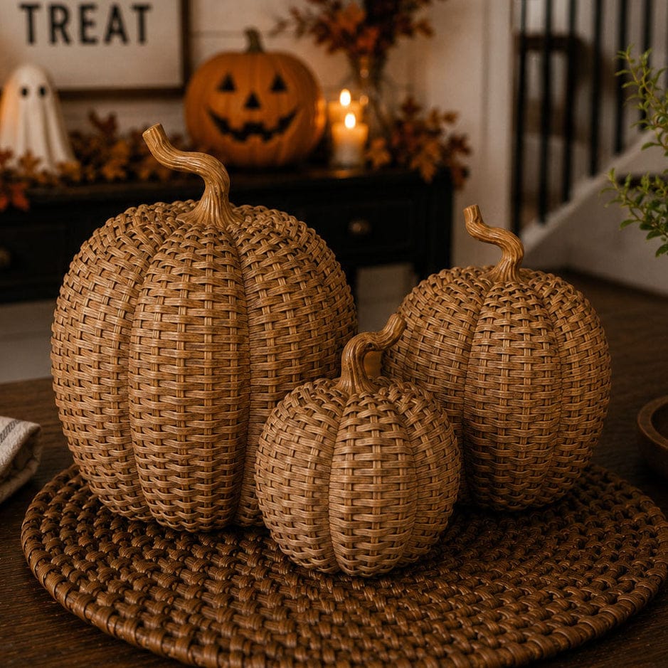 Gia Roma Basket Weave Statue Full Set of 3 Rattan Pumpkins