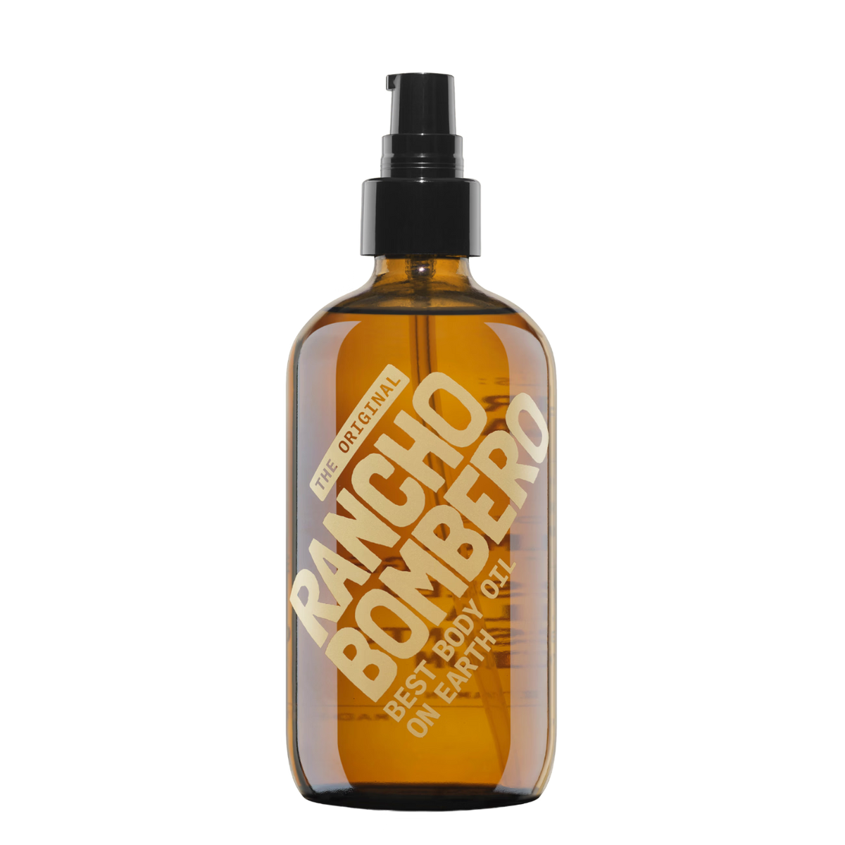 An amber glass body oil spray bottle with a black pump dispenser. The bottle features a large diagonal gold label that reads &