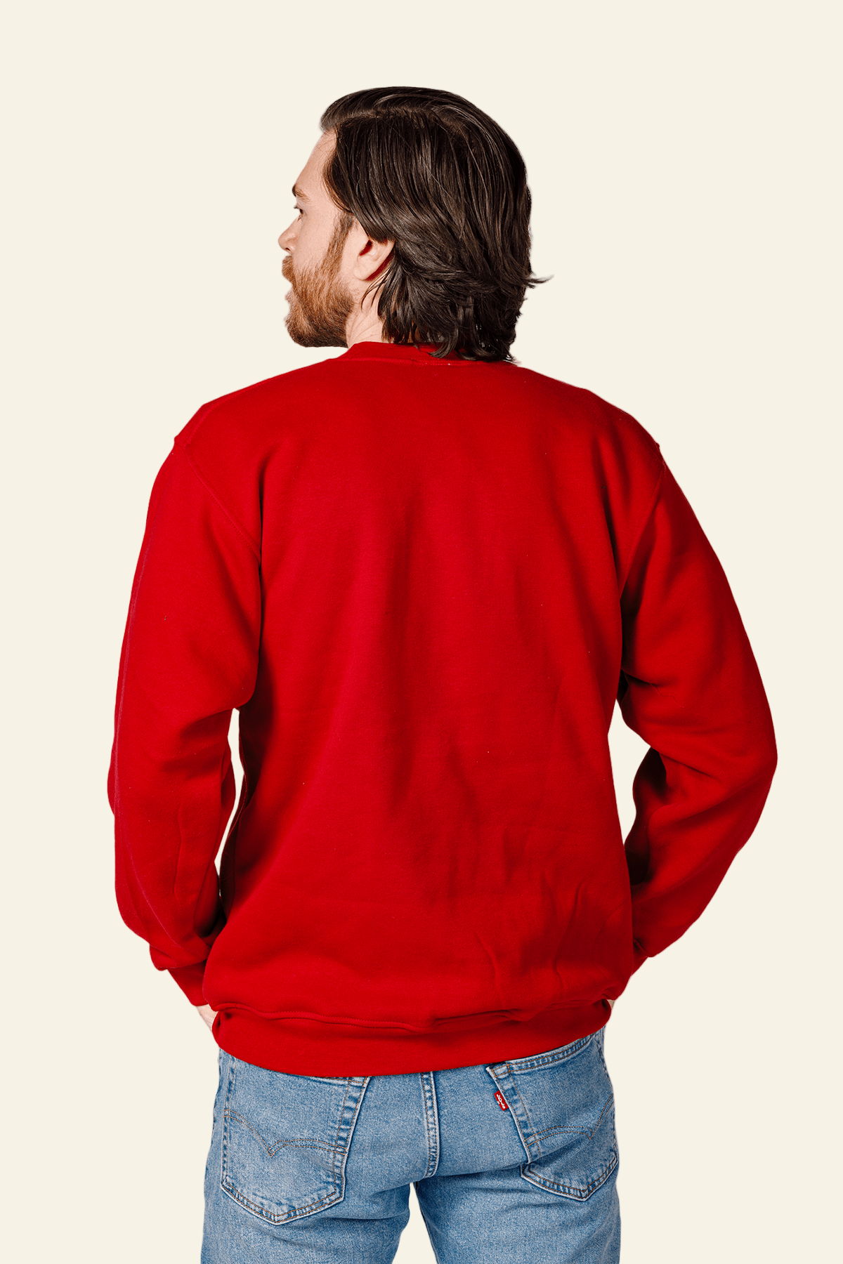 Man wearing a red sweatshirt on a white background