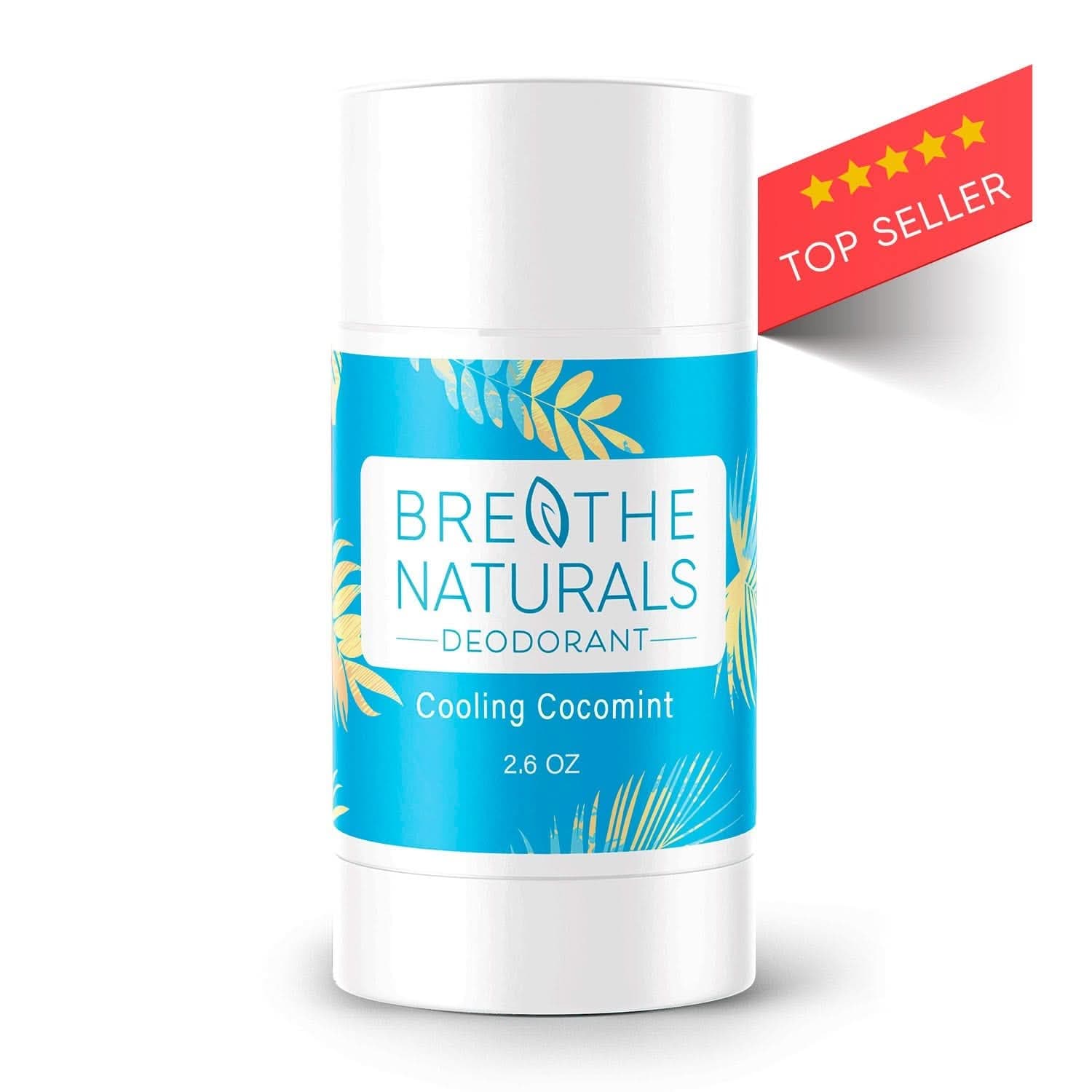 Breathe Naturals deodorant stick with blue label and palm leaf design on a white background