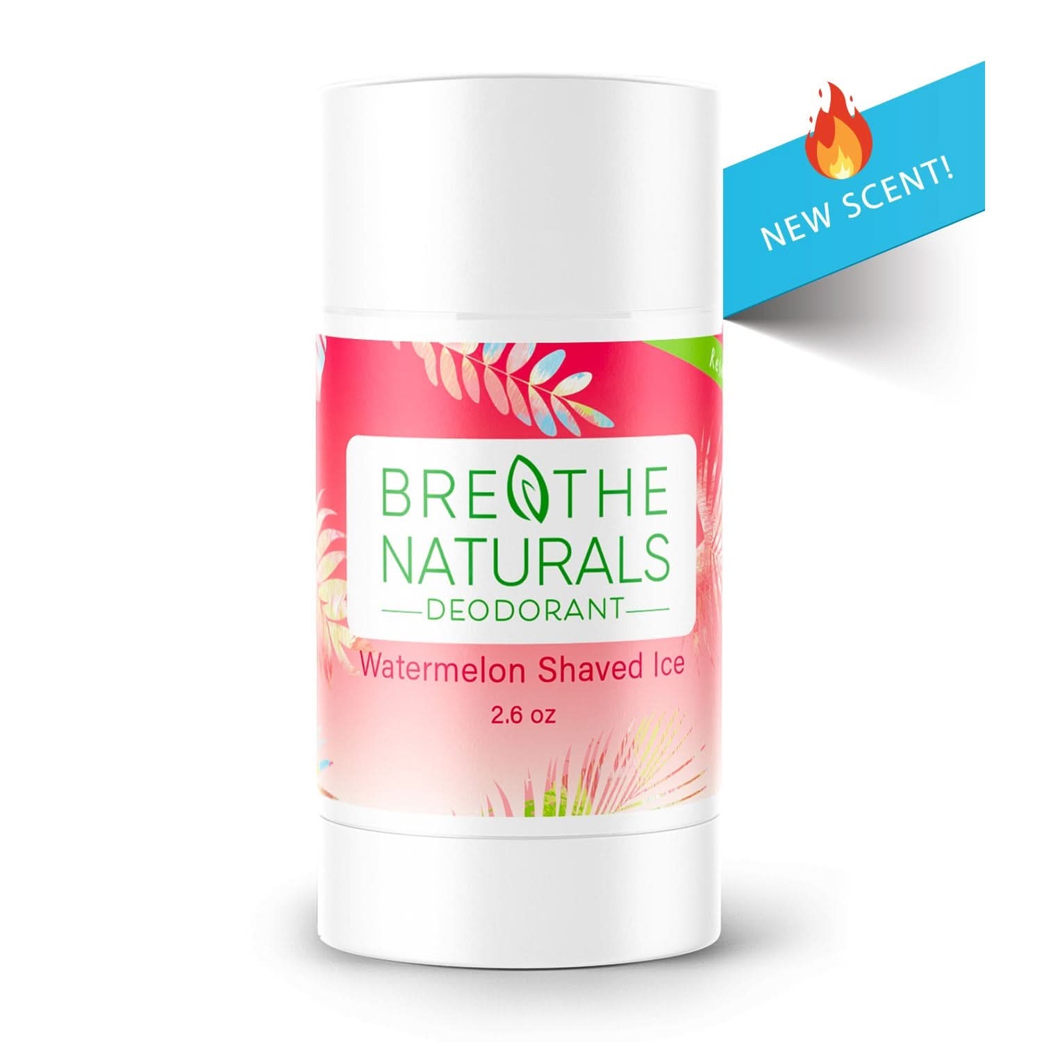 Breathe Naturals deodorant stick with watermelon shaved ice flavor on a white background