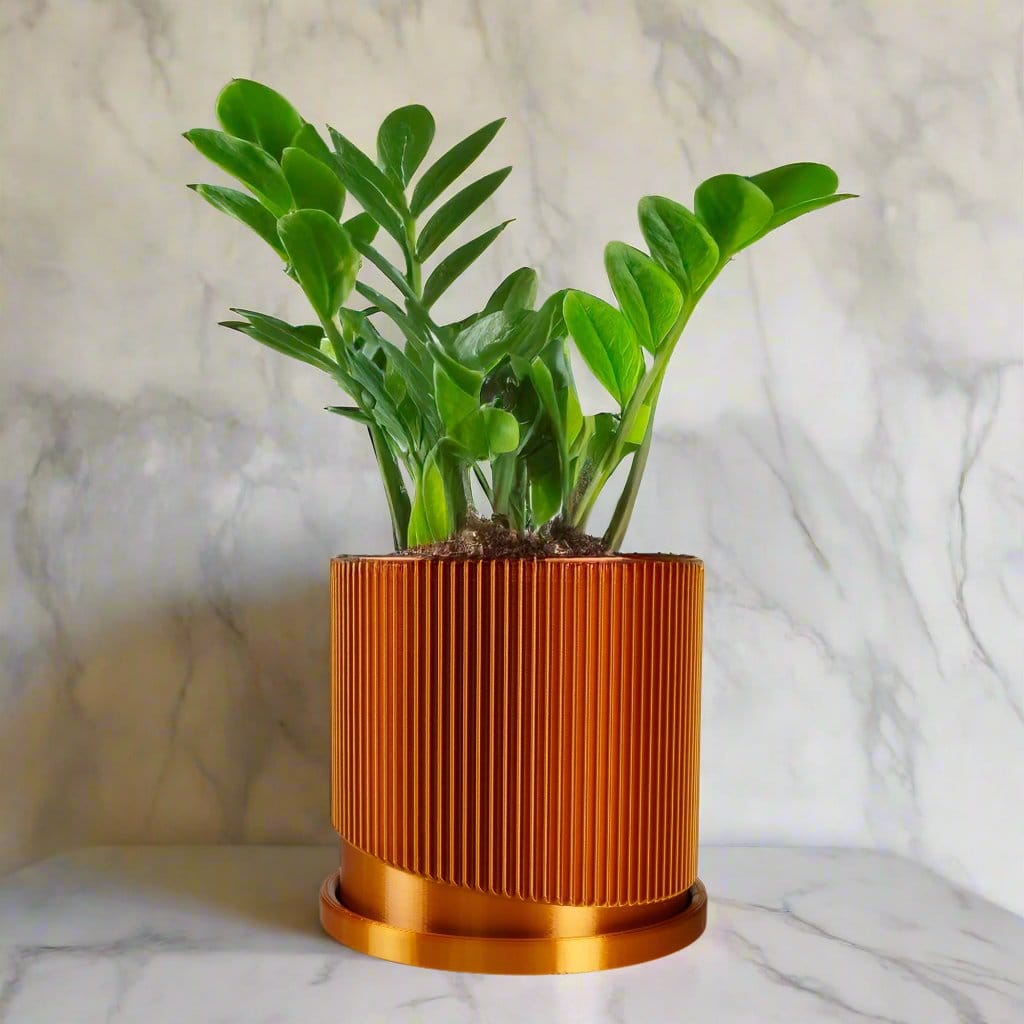 Rosebud HomeGoods Copper / 4 Inch + Drip Tray Mid-Century Ribbed Planter with Drainage and Saucer in Multiple Colors, 3D Printed Planter with Unique Modern Design, Lightweight, Wave