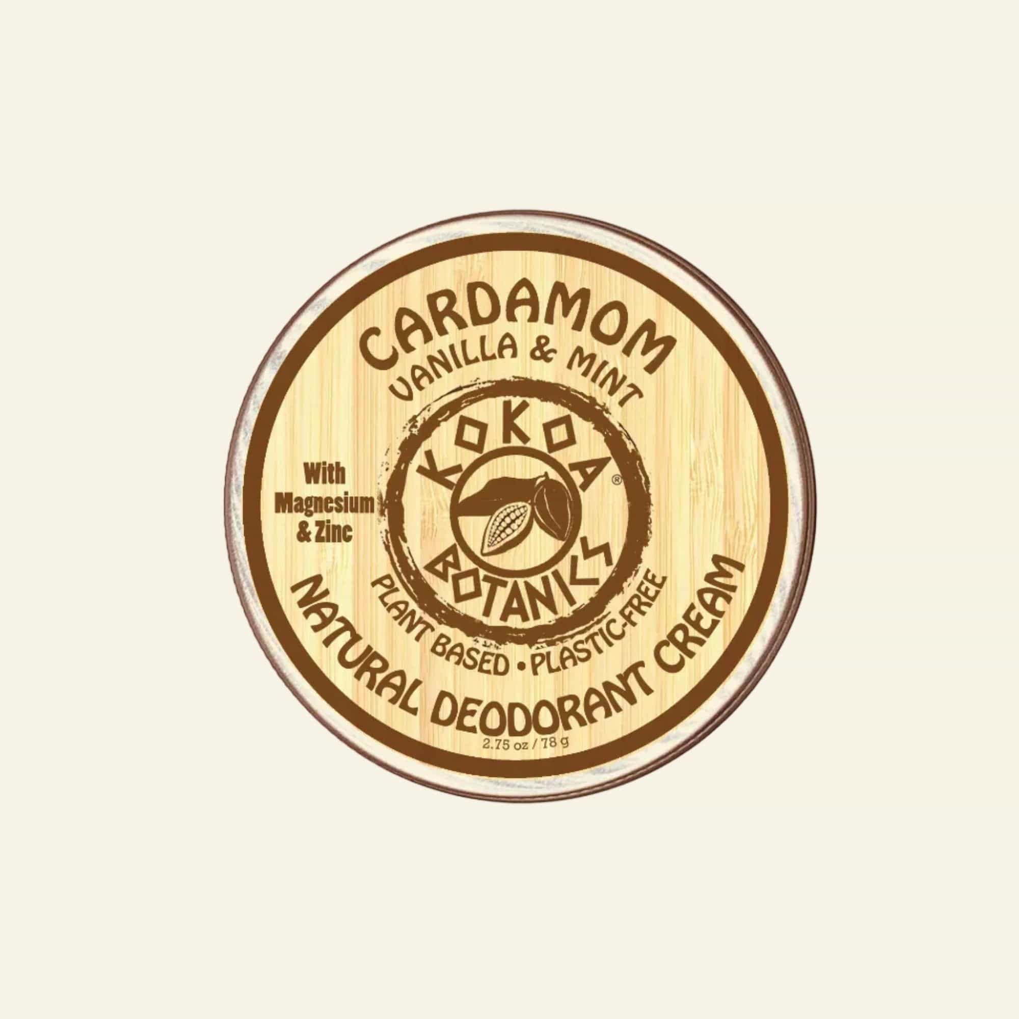 LoKoa Botaniks natural deodorant cream container with wooden lid on a white background