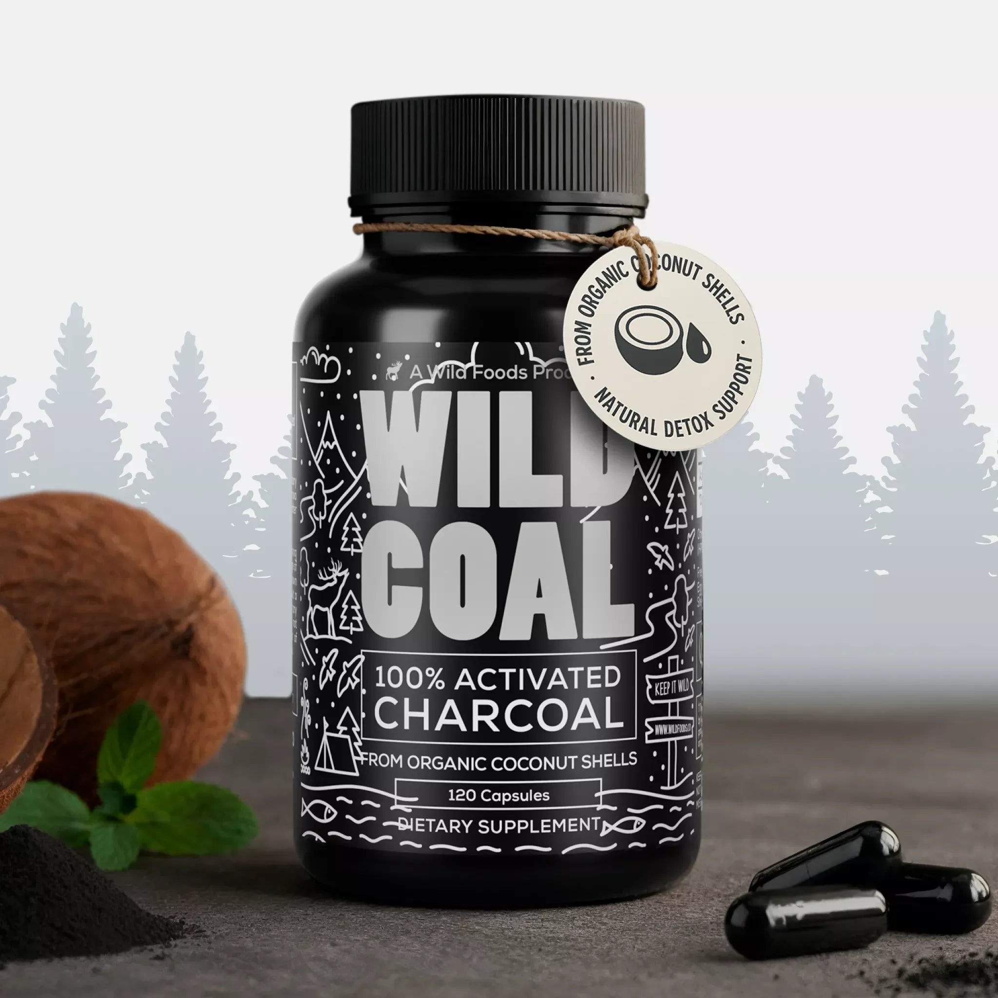 Wild Foods Supplements 1x - 120 caps Activated Charcoal Capsules – 100% Organic Coconut Shells