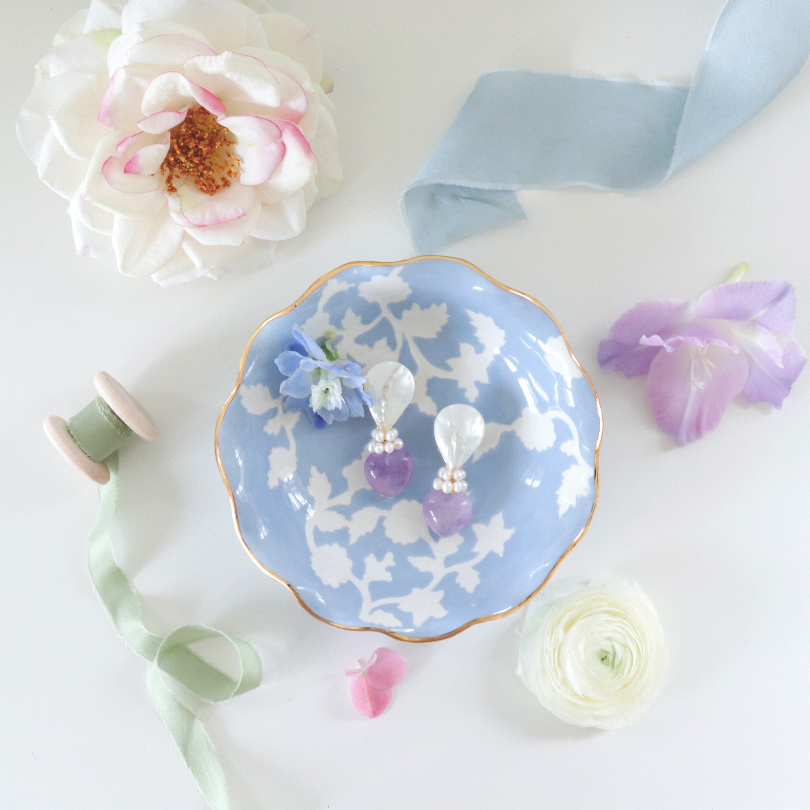 Ruby Clay Company Tray Chinoiserie Dreams Scalloped Bowls with 22K Gold Accent