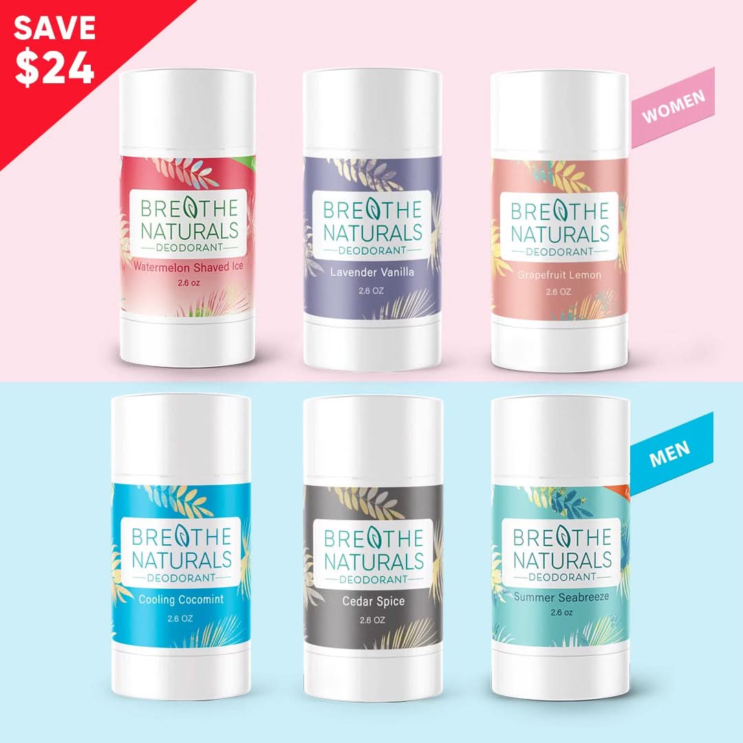 Brethe Naturals deodorant sticks with different scents on a pink and blue background.