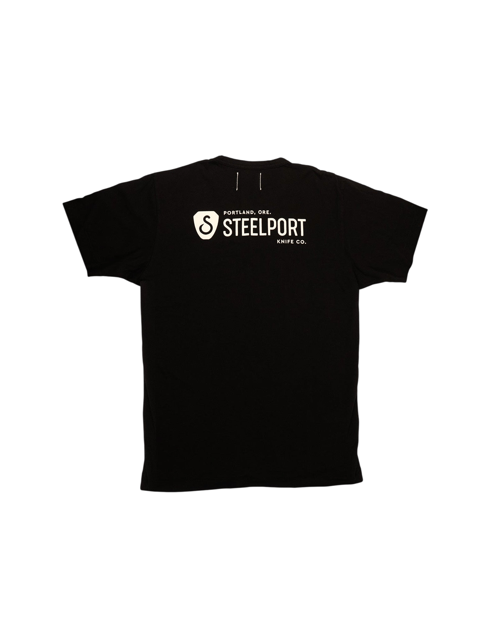 Black t-shirt with a logo and text on the back against a white background