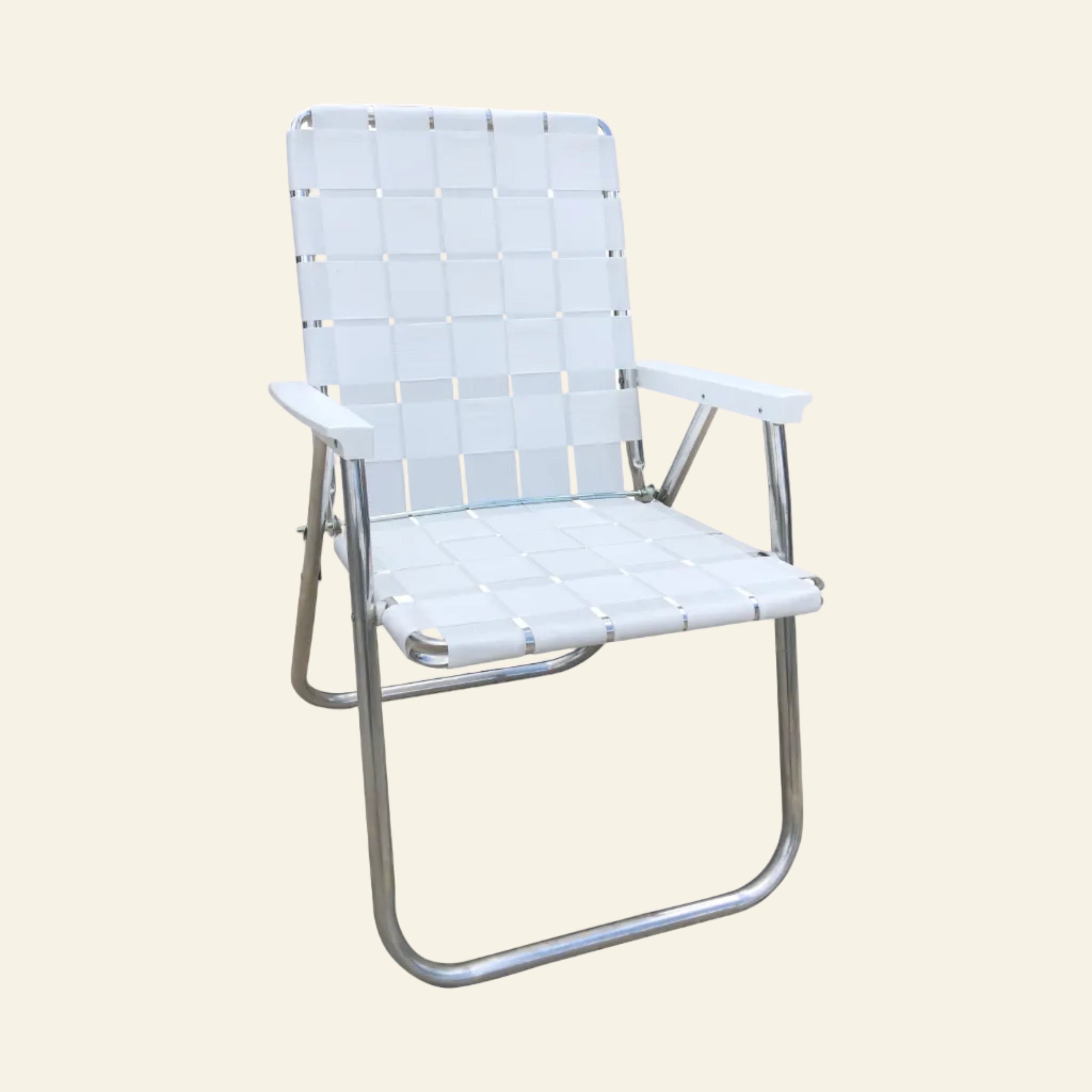 White folding chair with metal frame on a white background
