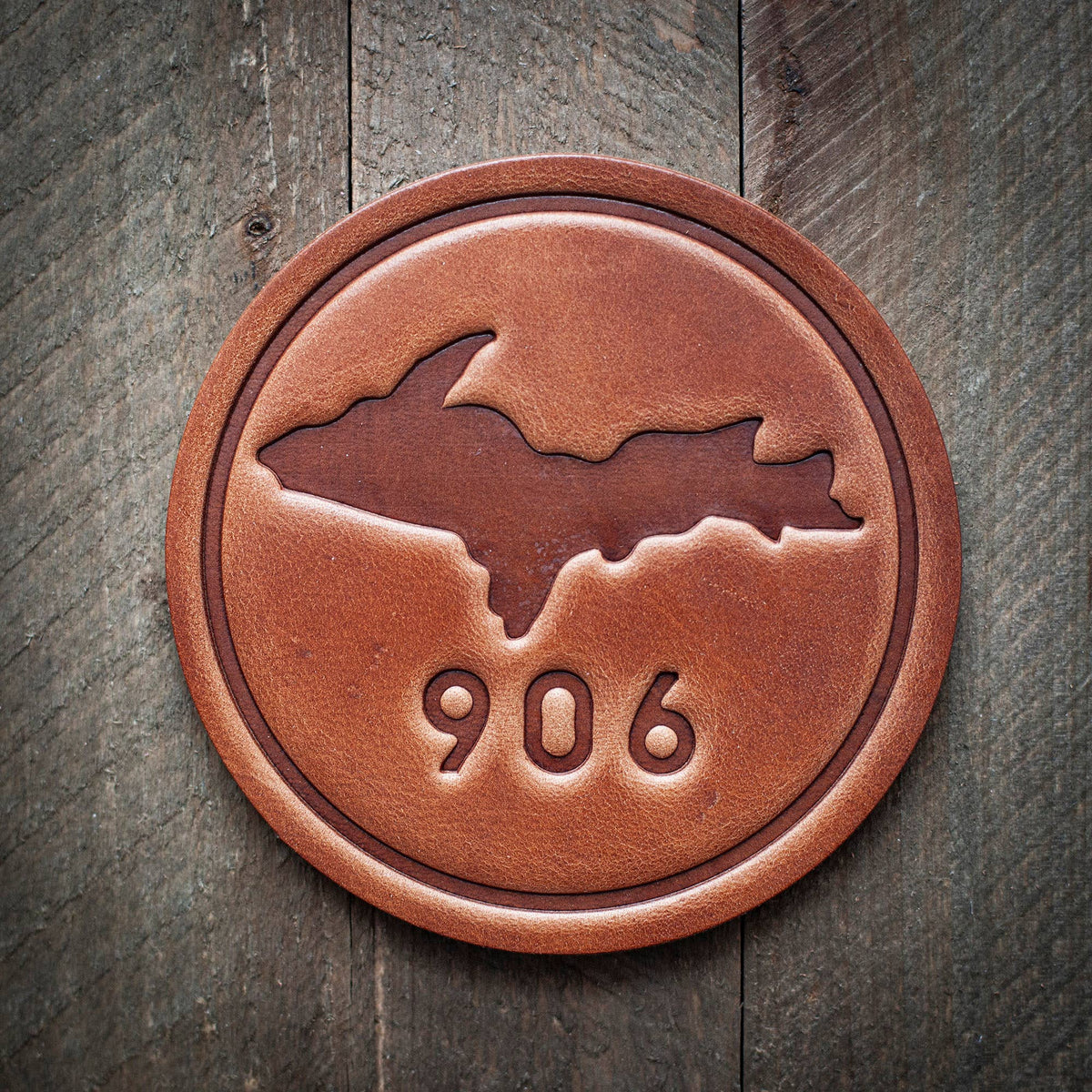 Upper Peninsula Michigan 906 Leather Coaster