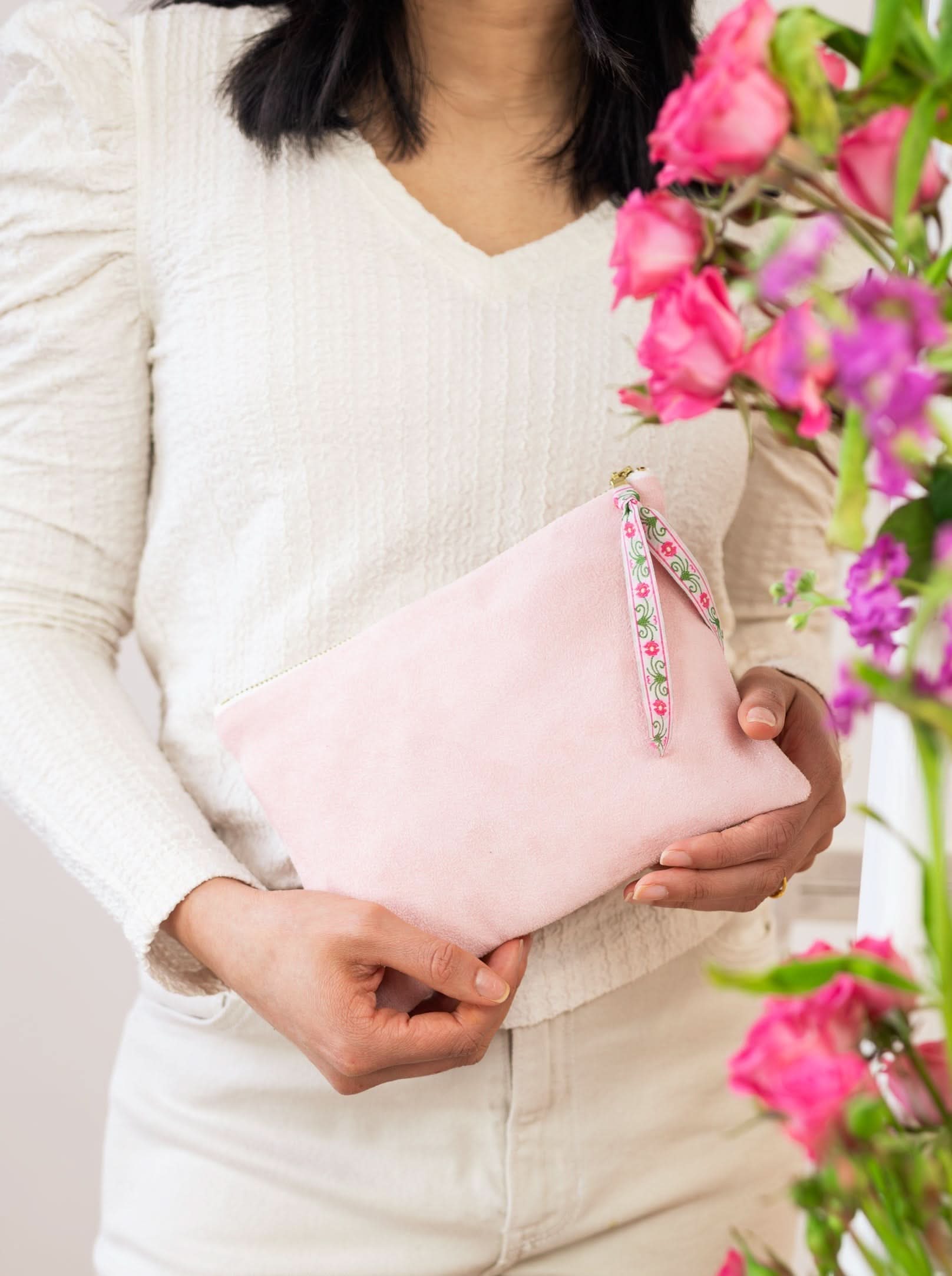 Ash & Rose Pink Fleur Vegan Suede Clutch Purse