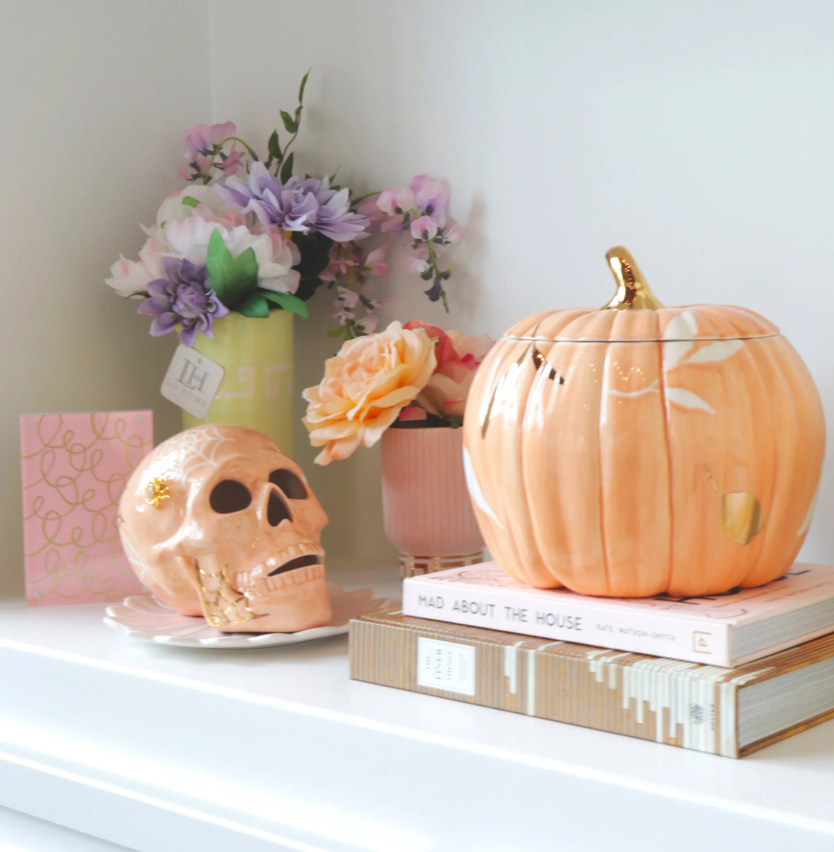 Layered Leaves Pumpkin Jars with 22K Gold Accents in Sheer Orange
