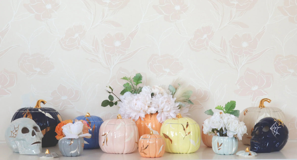 Layered Leaves Pumpkin Jars with 22K Gold Accents in Sheer Orange