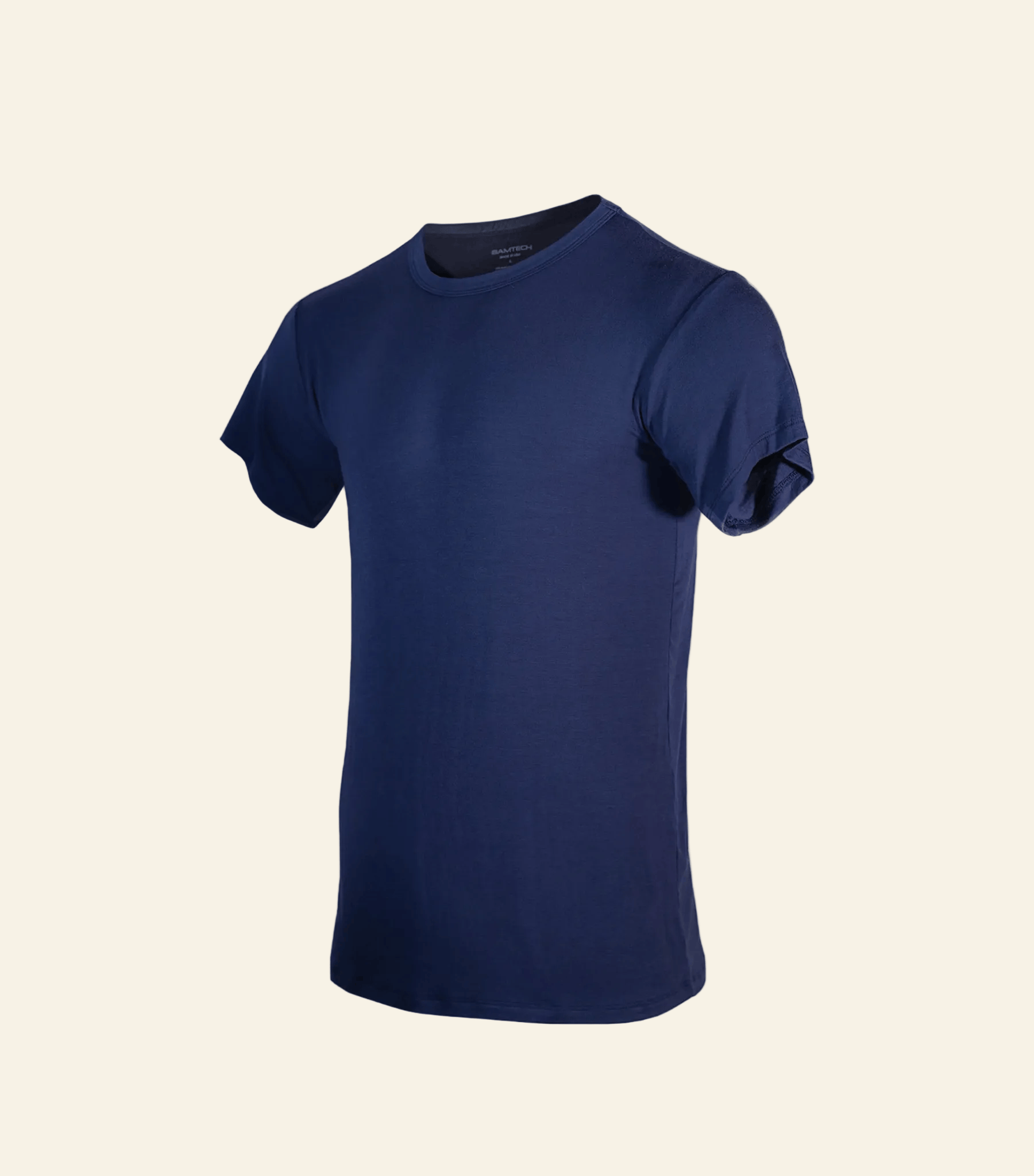 Navy blue t-shirt on a light gray background