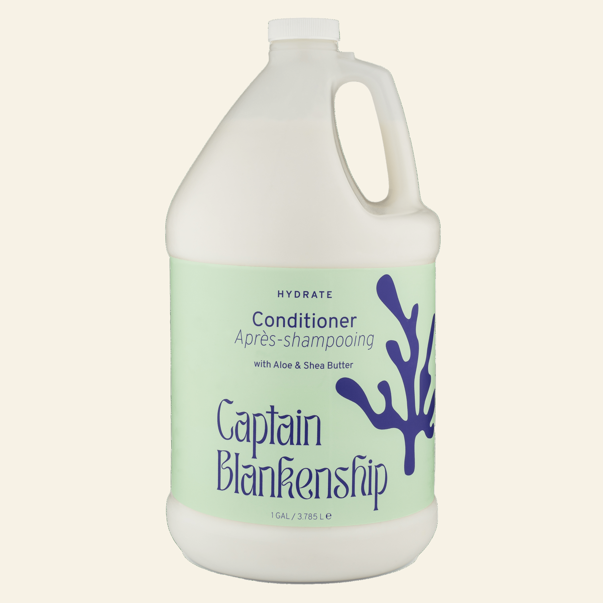 Gallon bottle of Captain Blankenship conditioner on a green background