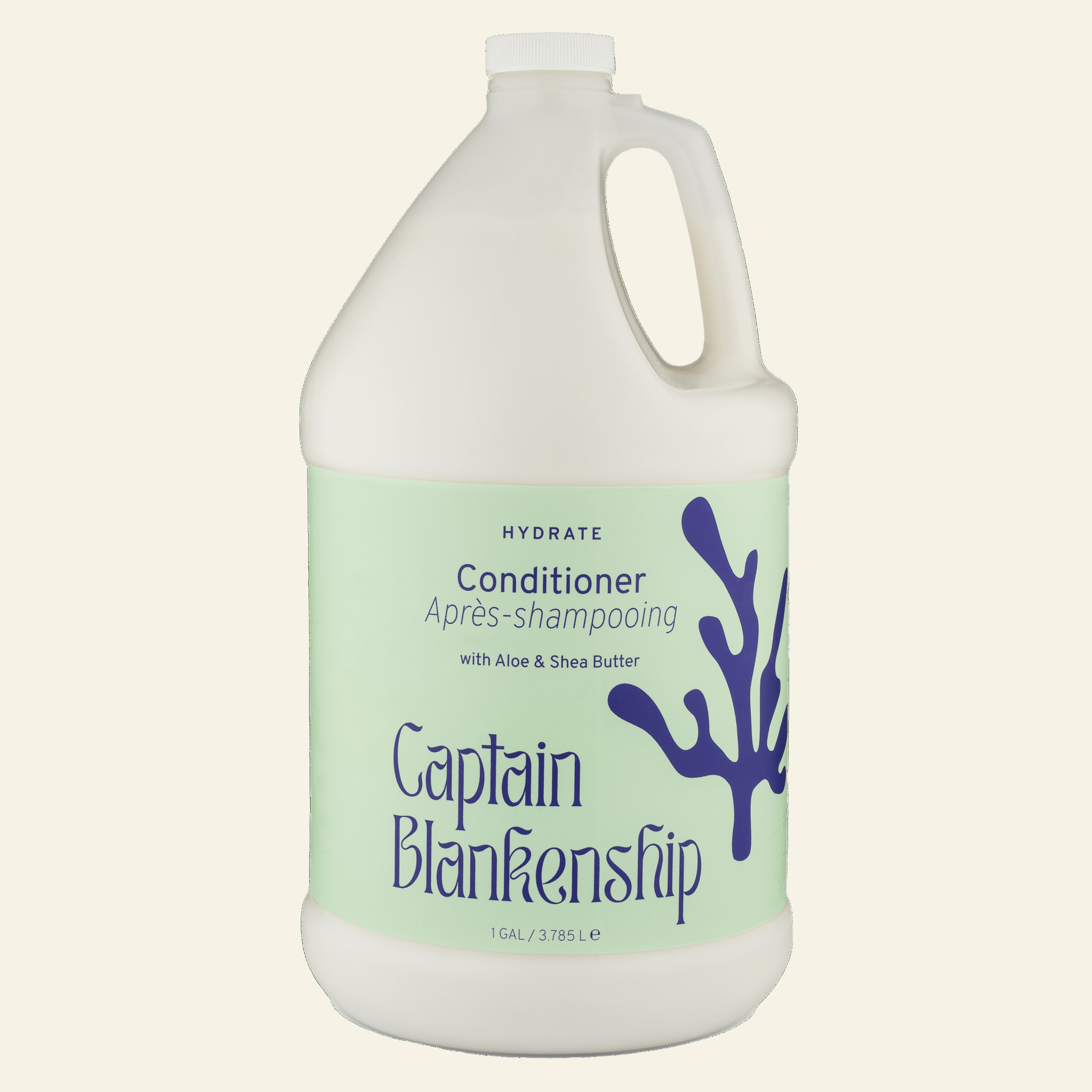 Gallon bottle of Captain Blankenship conditioner on a green background