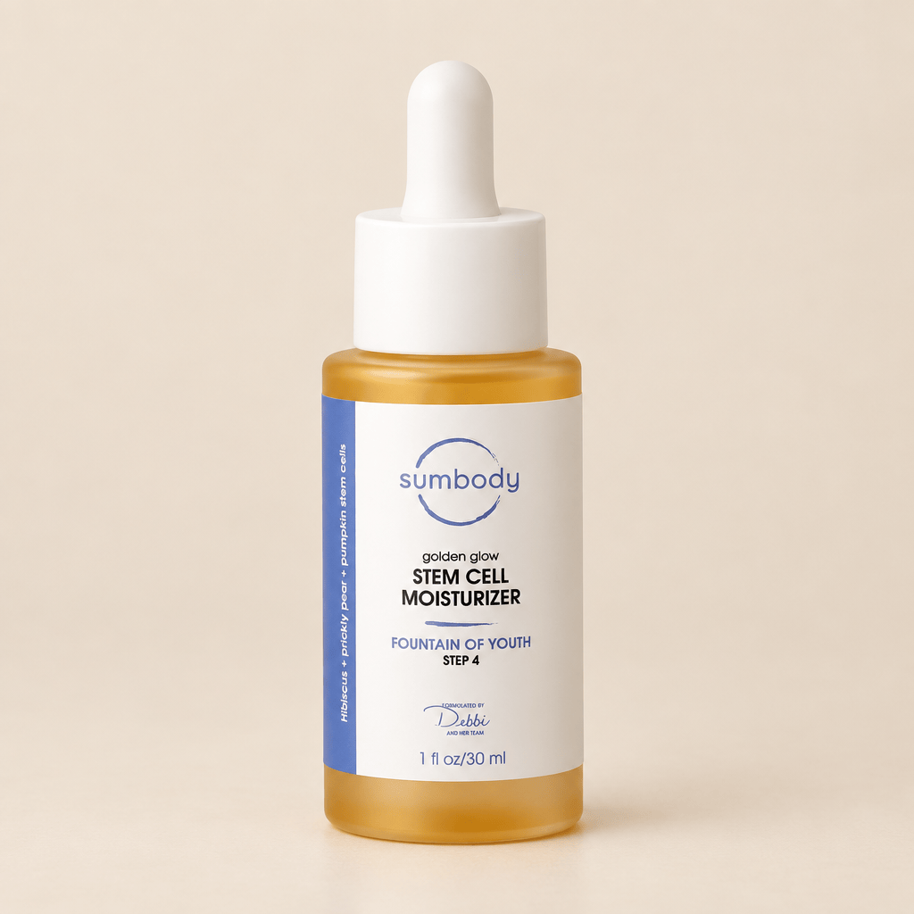 Sumbody golden glow stem cell moisturizer dropper bottle on a white background