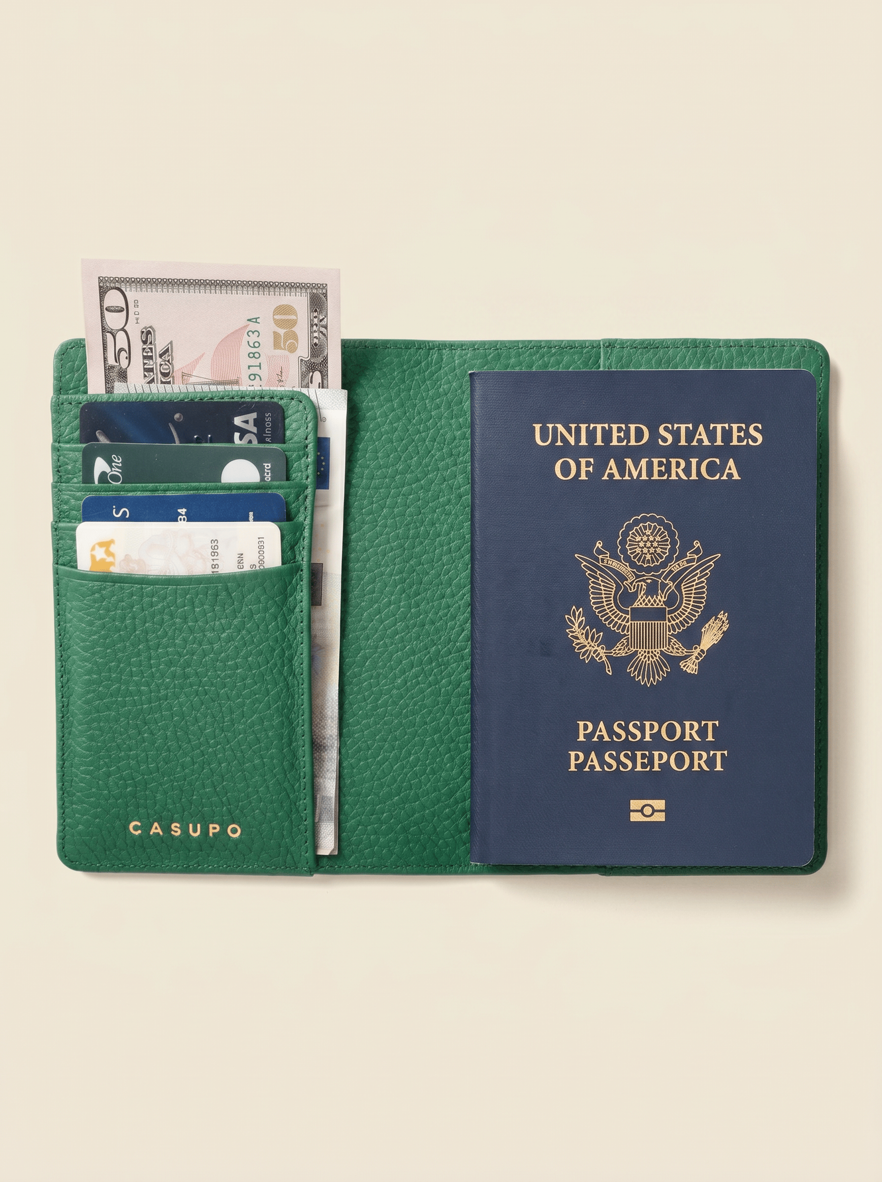 CASUPO Small Leather Goods Leather Passport Wallet with RFID - Green