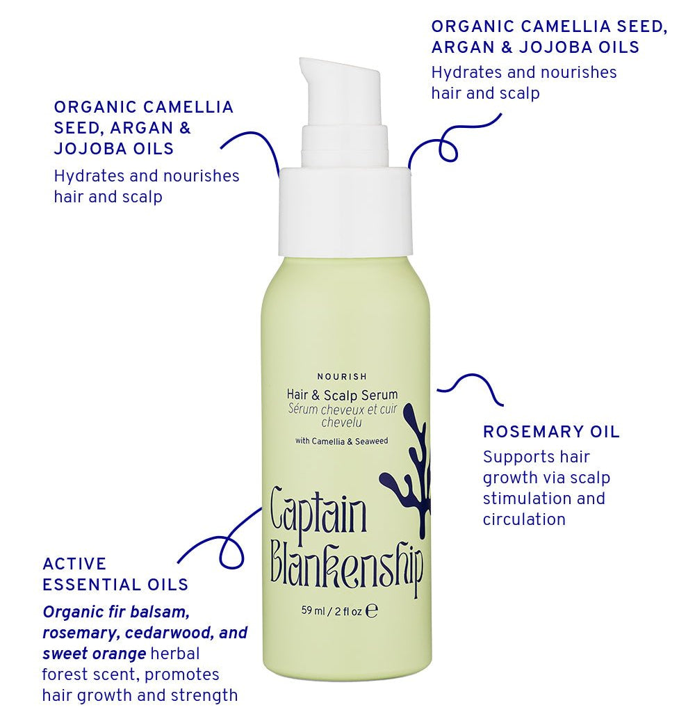 Captain Blankenfield hair serum bottle with product details on a white background