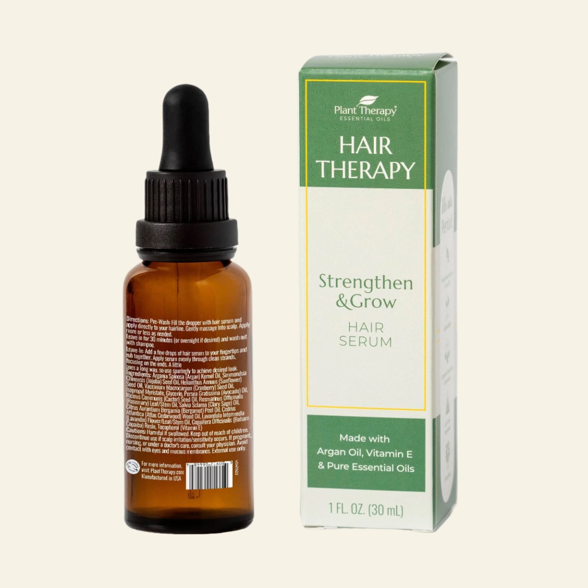 Hair serum bottle with dropper and packaging on a white background