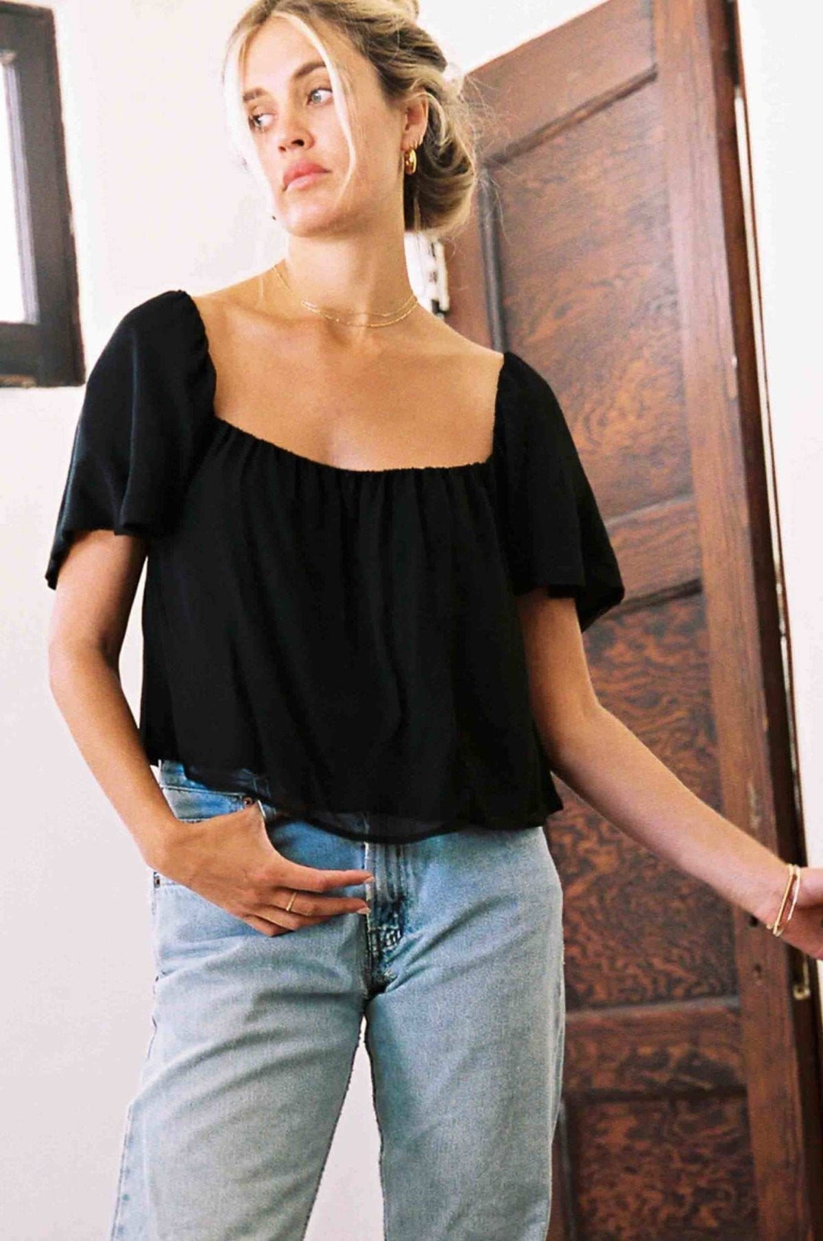 MERRITT CHARLES Blouse Harlow Top - Black Chiffon Silk