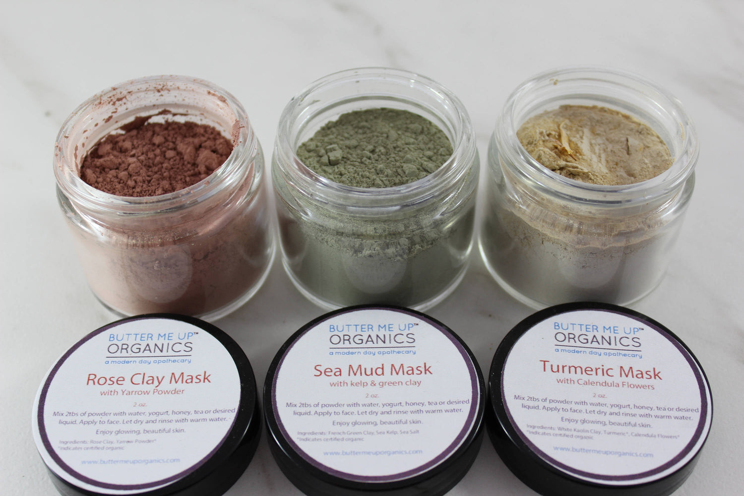 Clay Face Mask Trio Rose Clay French Green Clay Kaolin Clay Turmeric Kelp Calendula - My American Goods