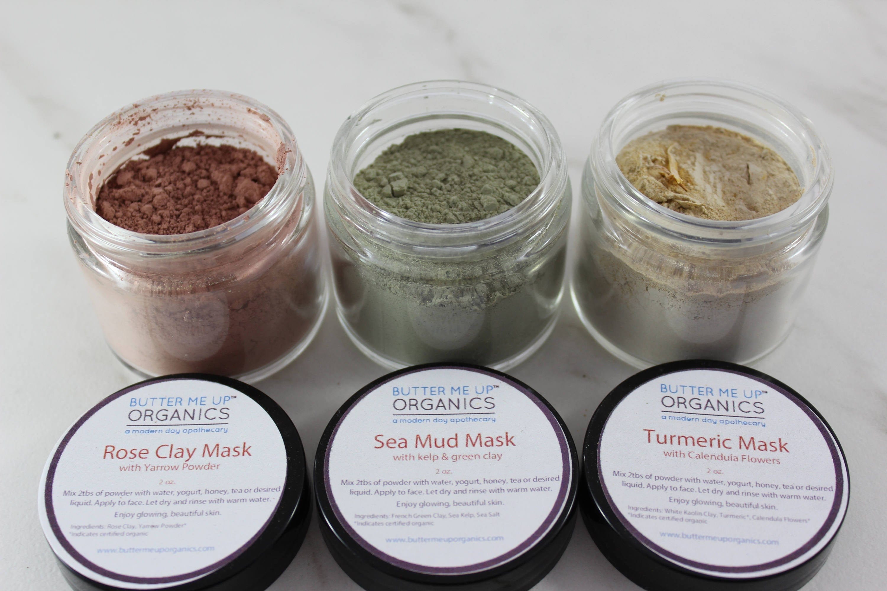 Butter Me Up Organics Face Clay Face Mask Trio Rose Clay French Green Clay Kaolin Clay Turmeric Kelp Calendula