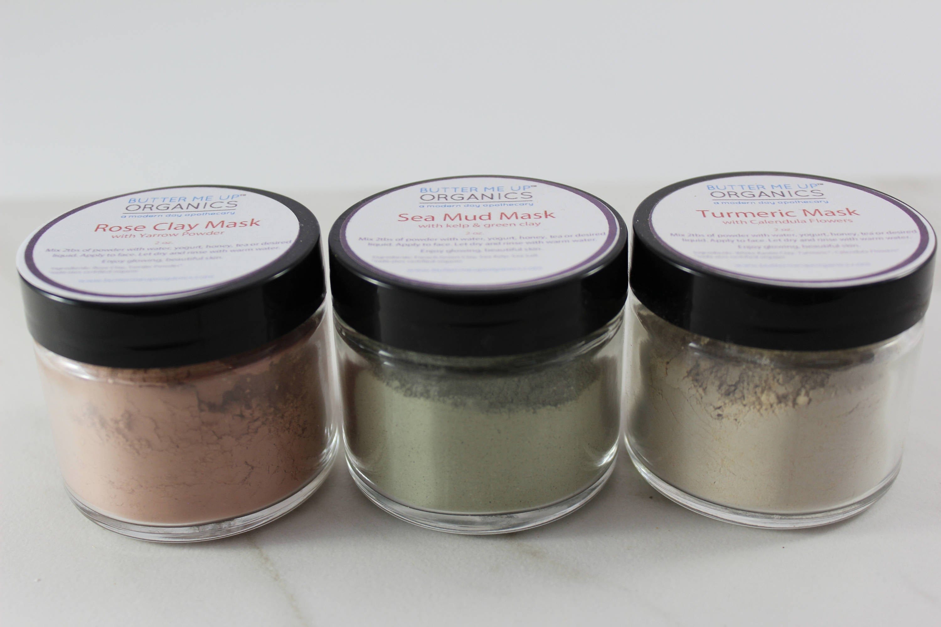 Butter Me Up Organics Face Clay Face Mask Trio Rose Clay French Green Clay Kaolin Clay Turmeric Kelp Calendula