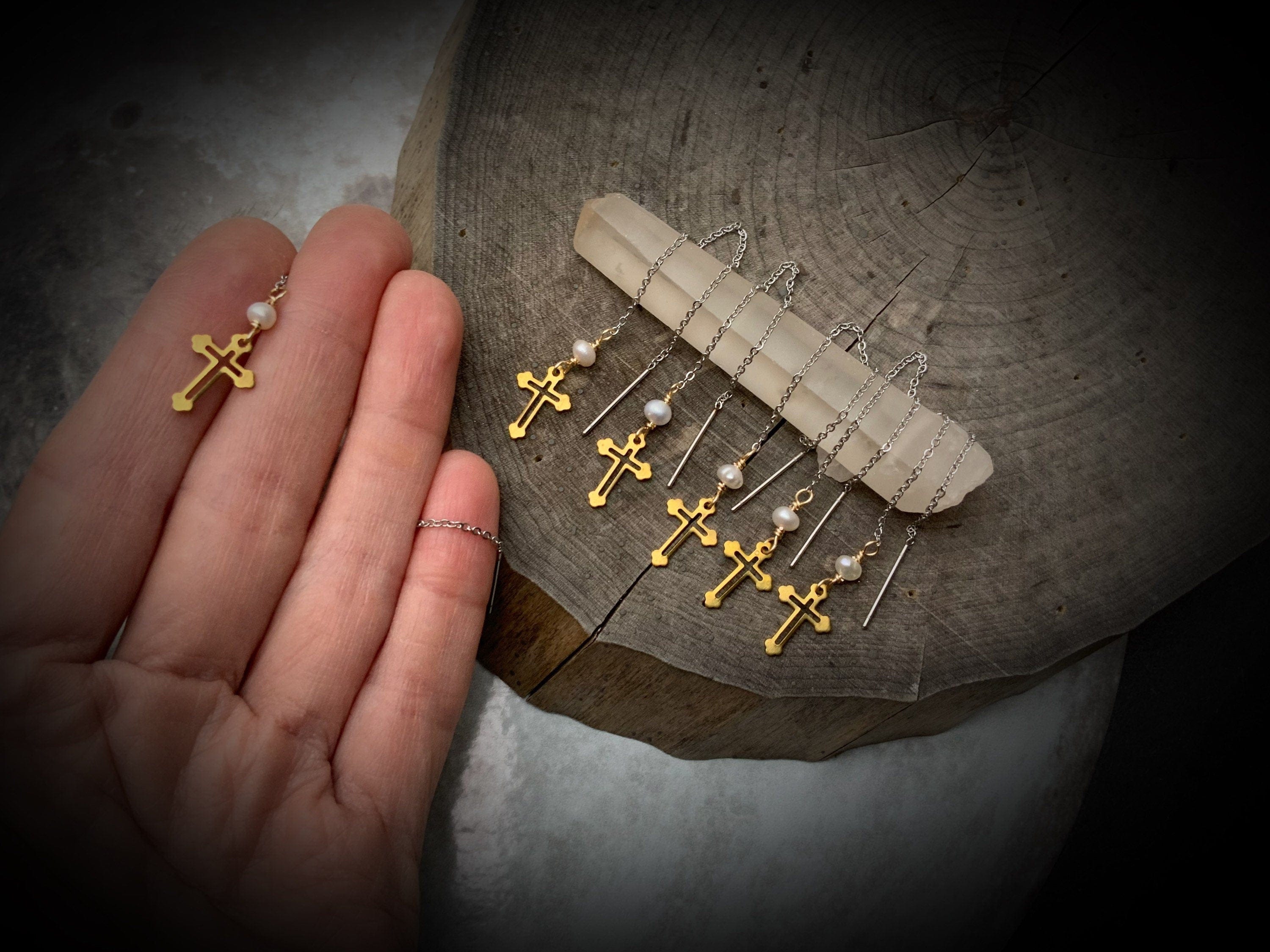 Brass Cross Threader Earrings: Freshwater Pearl, Mixed Metal Dangle