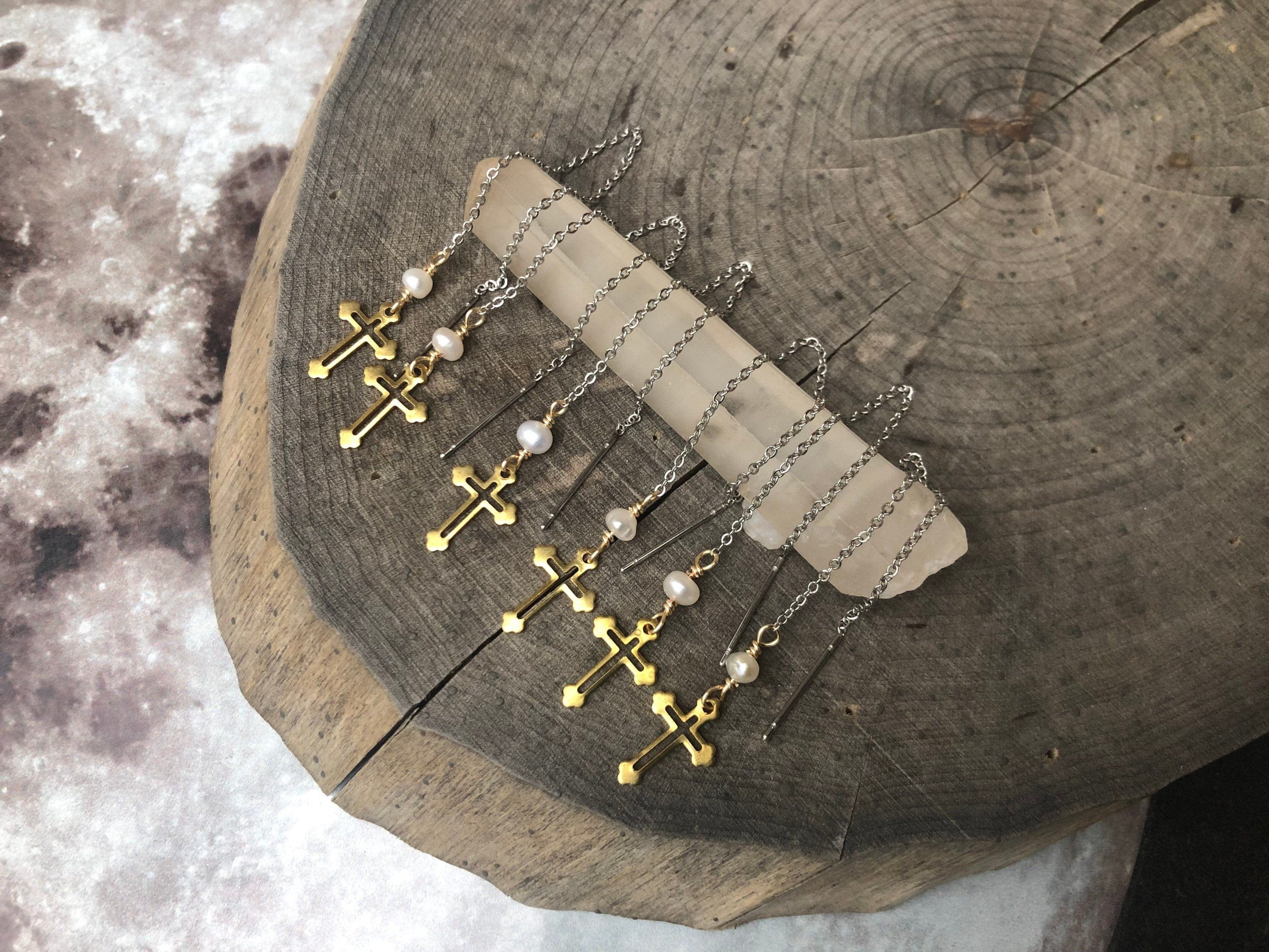 Brass Cross Threader Earrings: Freshwater Pearl, Mixed Metal Dangle