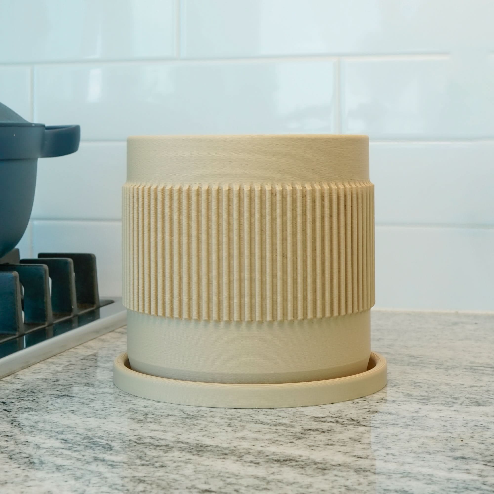 Half Mid-Century Ribbed Planter with Drainage and Saucer - My American Goods