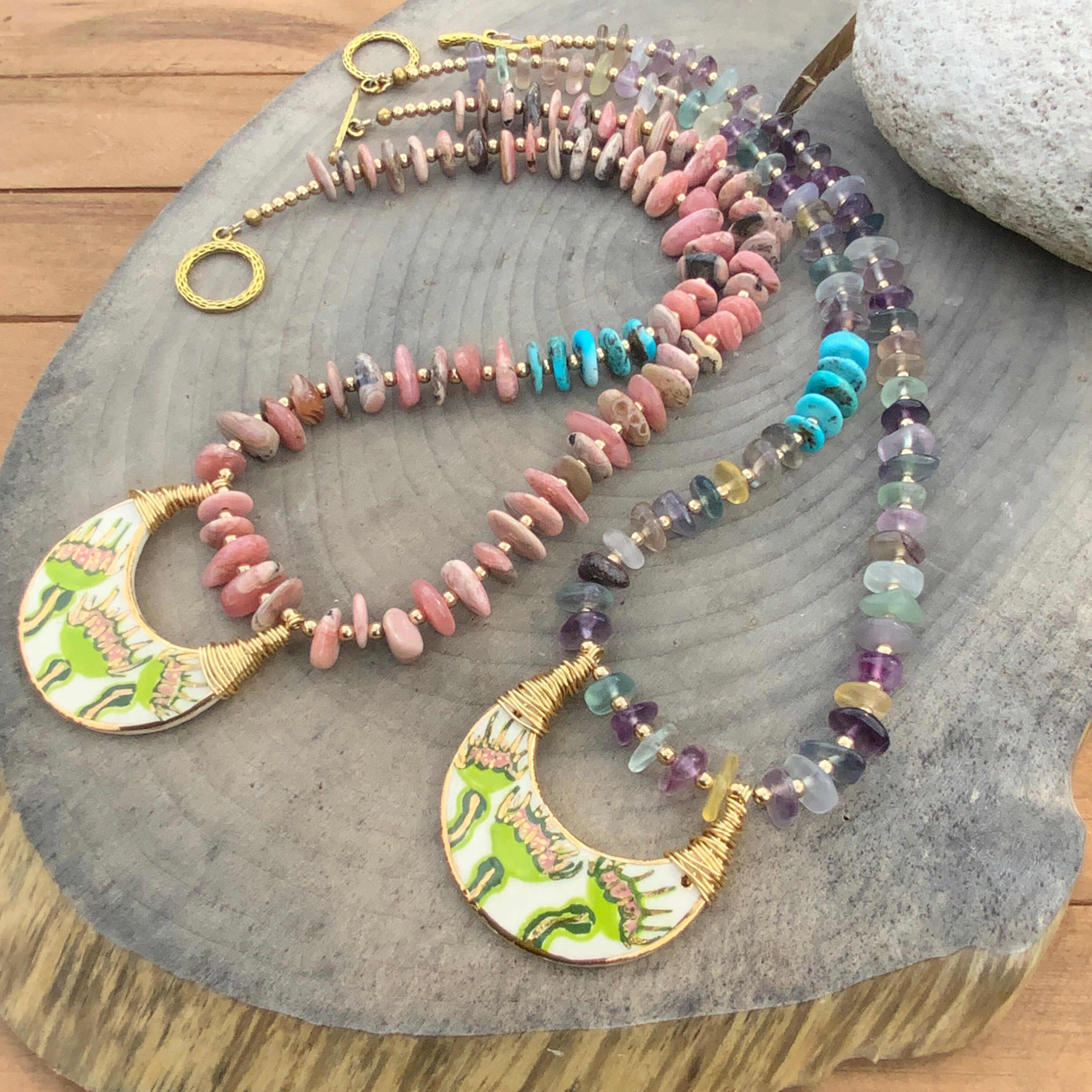 Ceramic Venus Flytrap Necklace with Rhodochrosite Beads