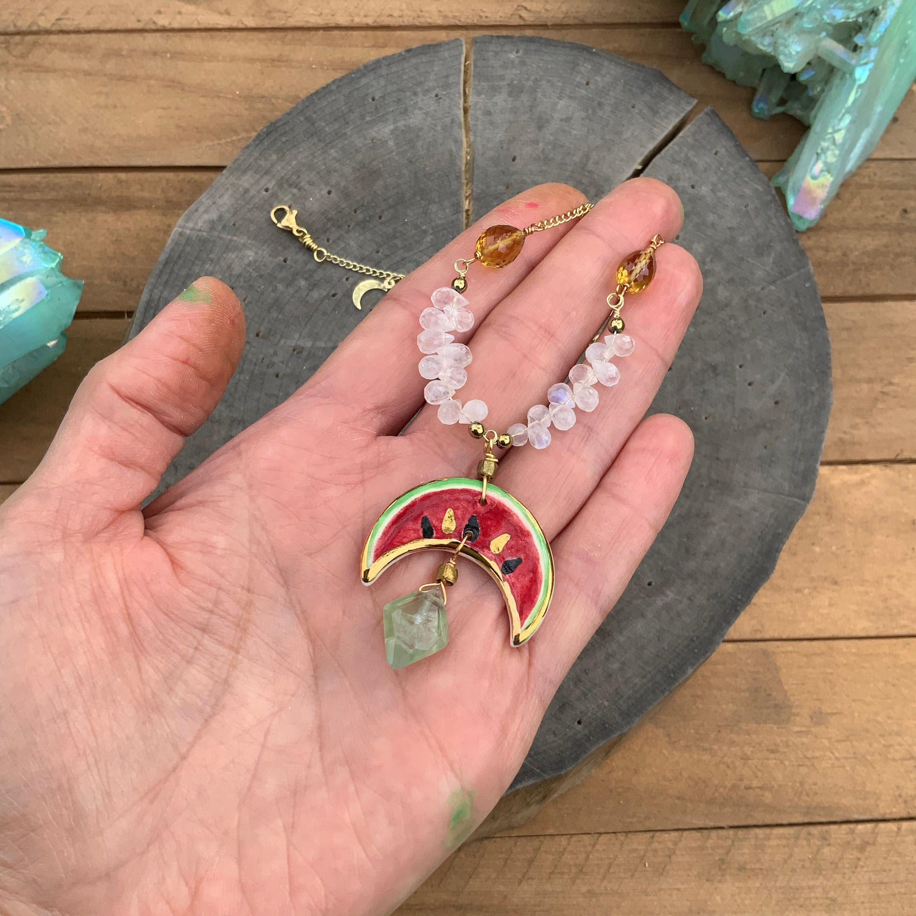 Handmade Ceramic Watermelon Necklace: Moonstone, Citrine & Prehnite