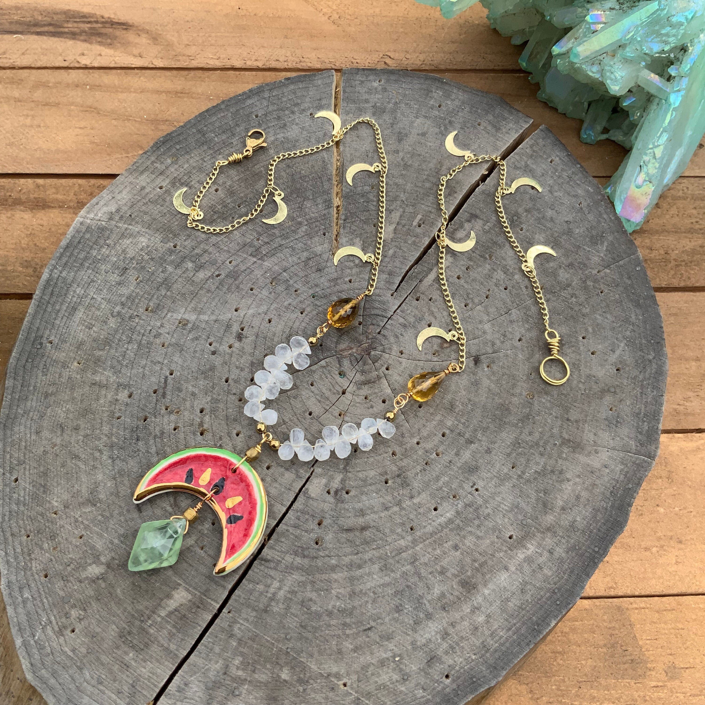 Handmade Ceramic Watermelon Necklace: Moonstone, Citrine & Prehnite