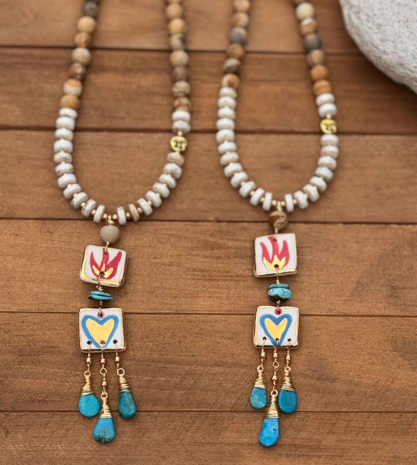Handmade Ceramic Milagro Tile Necklace: Turquoise & Jasper