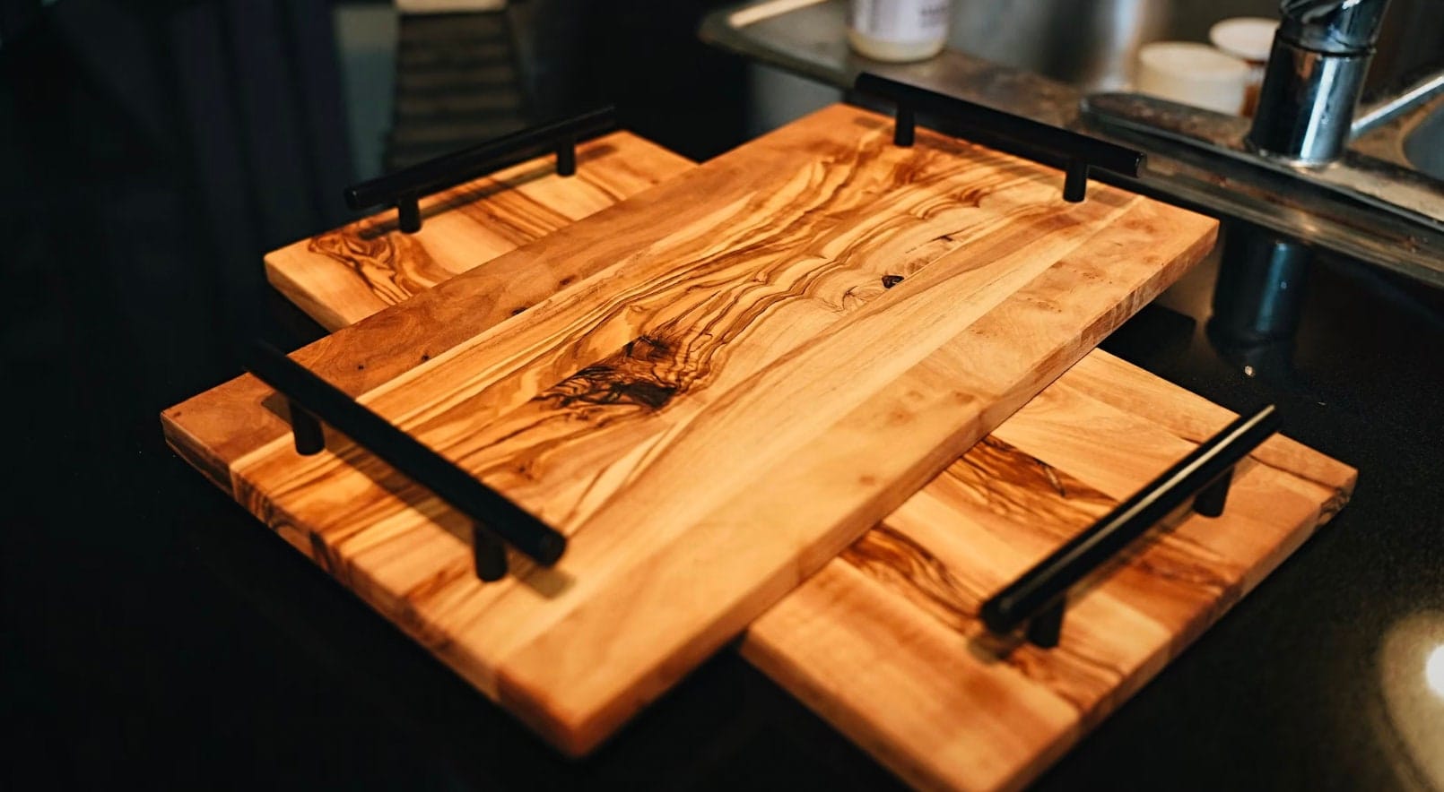 Rectangle Olive Wood Tray With Black Handles - My American Goods