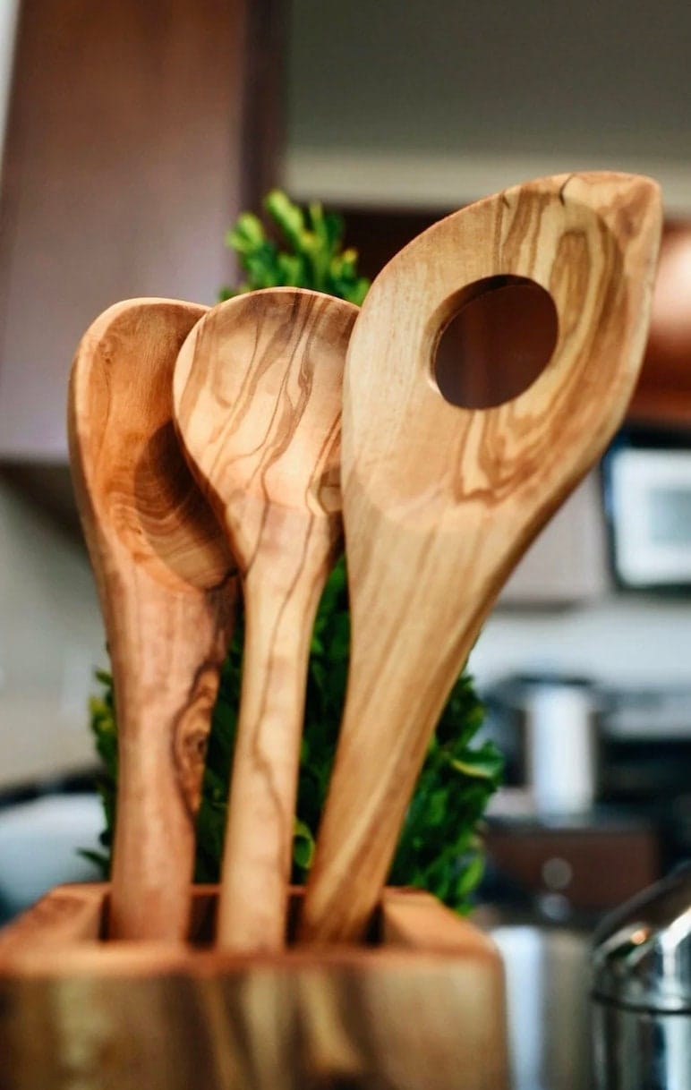 Olive Wood Spoon Set With Holder - My American Goods