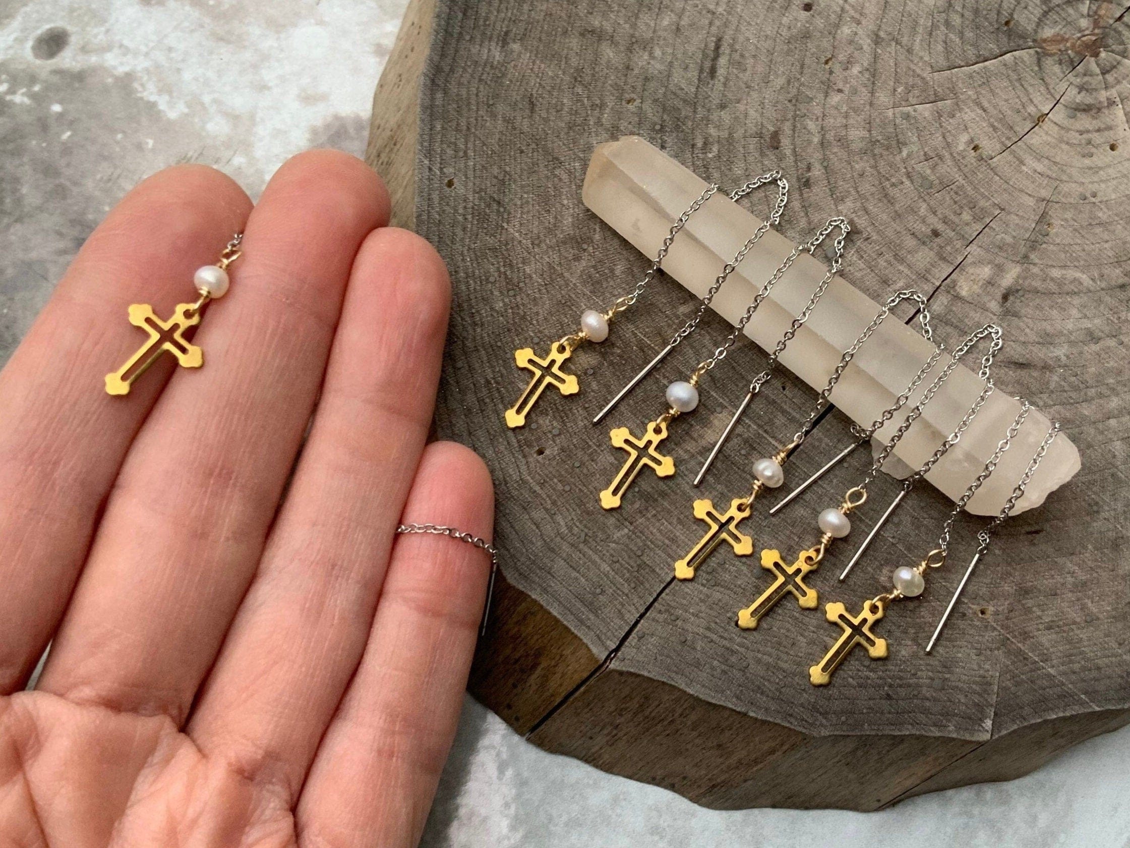 Adriana Soto Joyeria Misc Brass Cross Threader Earrings: Freshwater Pearl, Mixed Metal Dangle