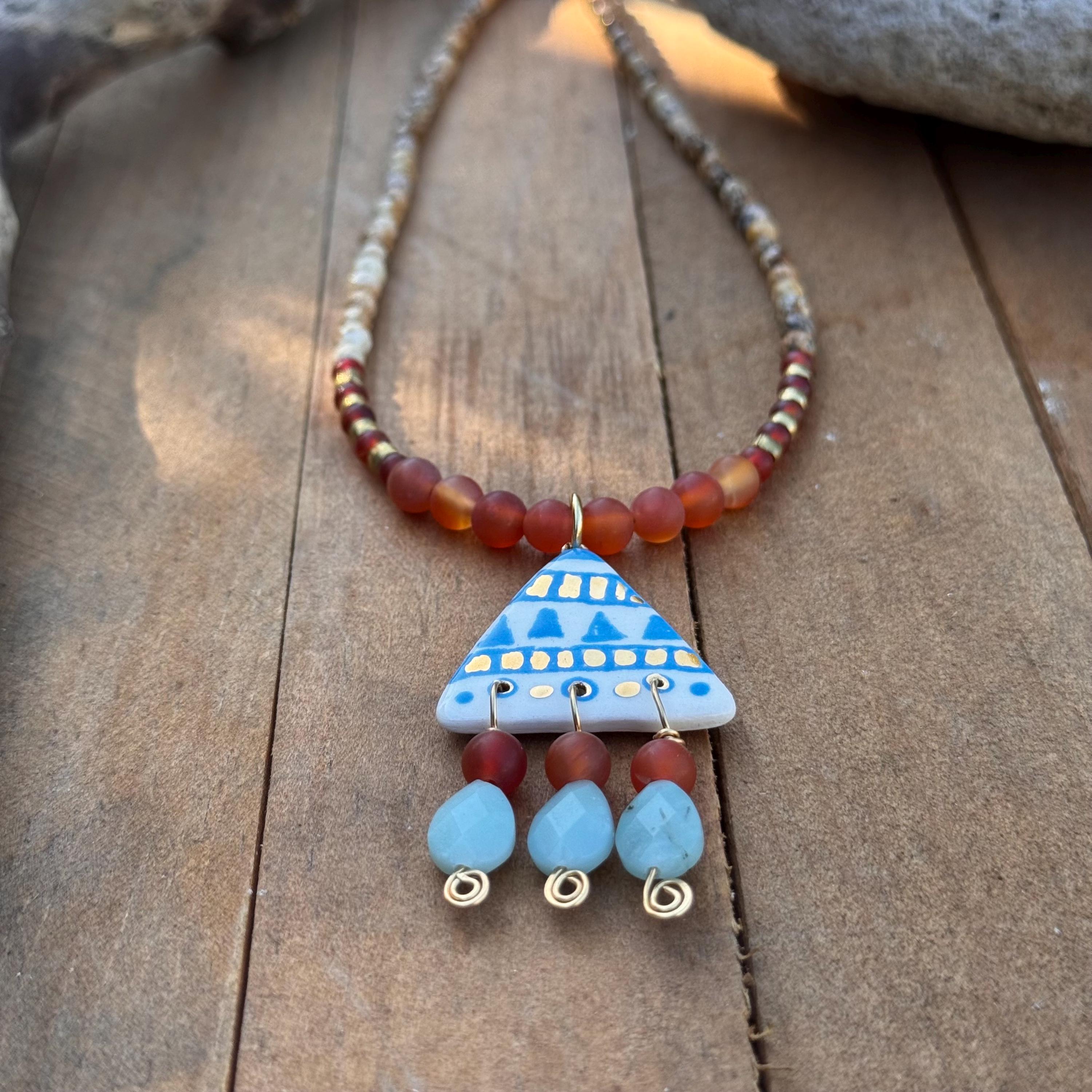 Tribal Ceramic Bead Necklace: Amazonite & Carnelian