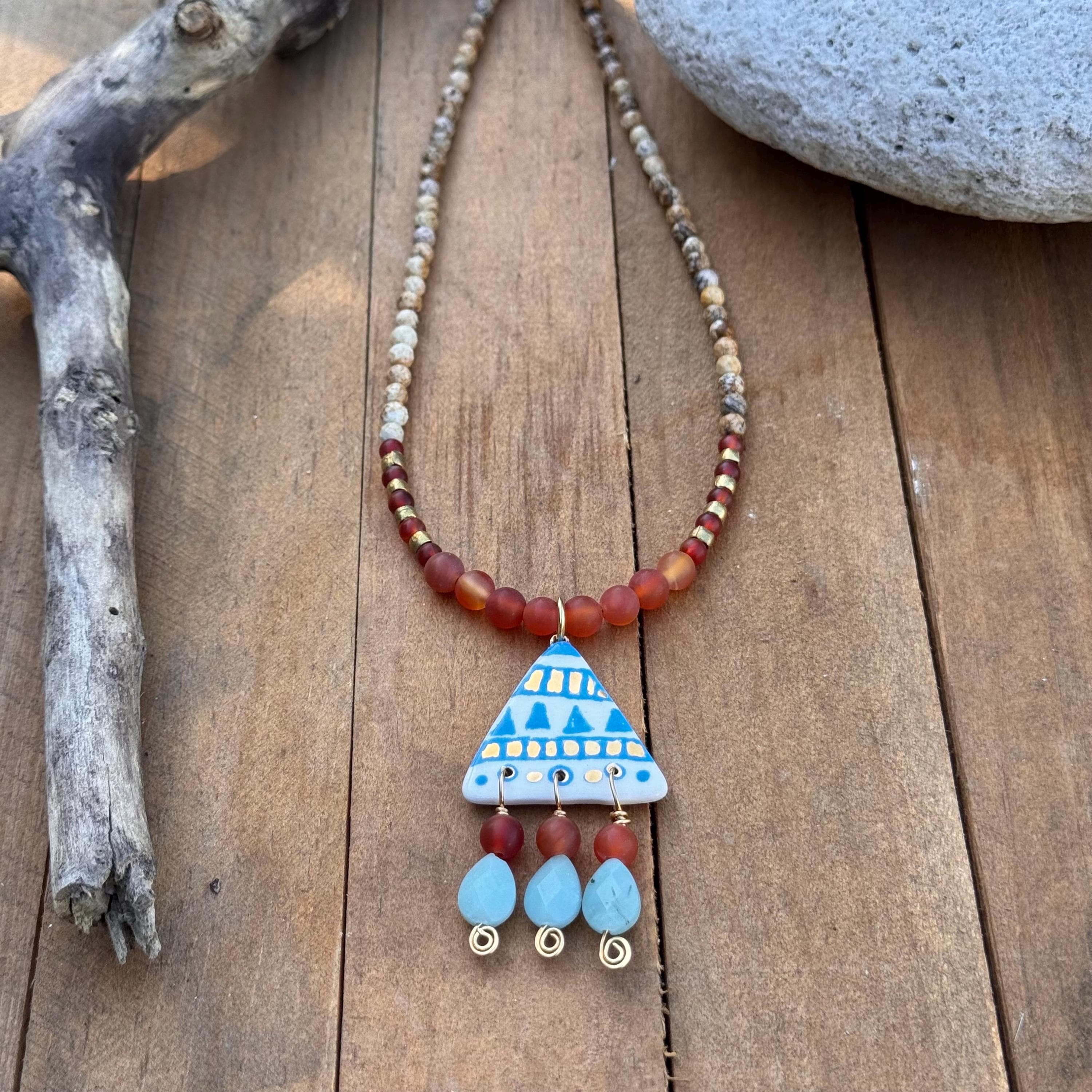 Tribal Ceramic Bead Necklace: Amazonite & Carnelian