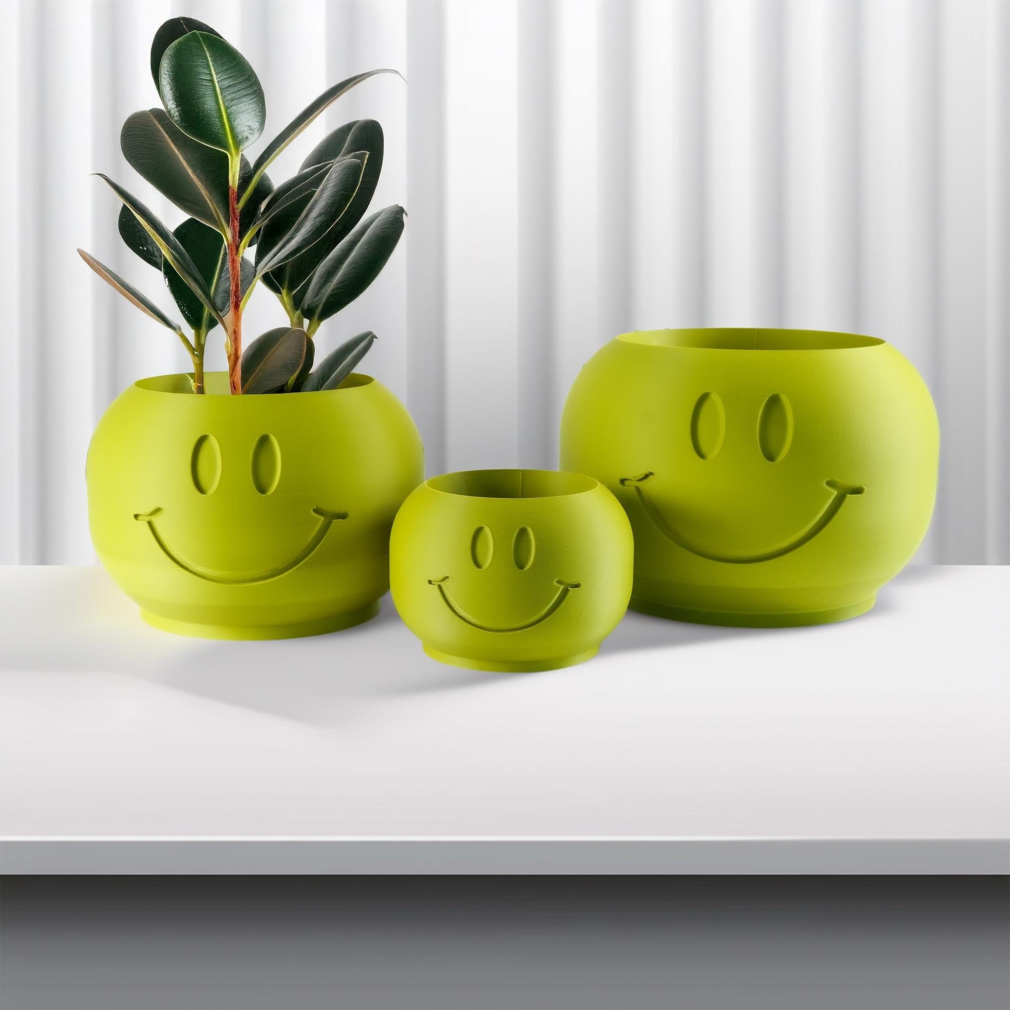 Rosebud HomeGoods Moss Green (Pictured) / Mini + Drip Tray Happy Sprout Smiley Face Plant Pot with Drainage and Drip Tray – Cute Ghibli Decor Planter | Kawaii Hypebeast Pots for Plants | Cubicle & Classroom Decor