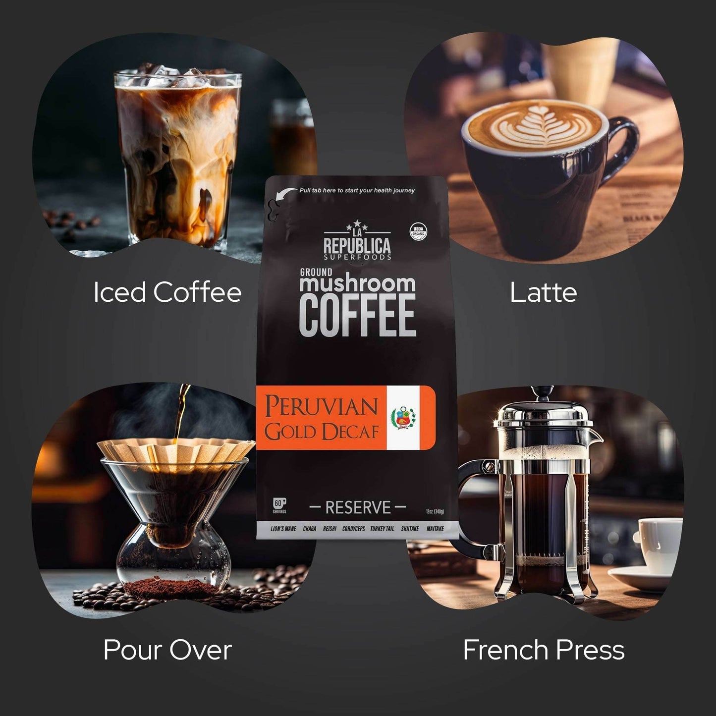 DECAF Peruvian Gold Ground Mushroom Coffee - My American Goods