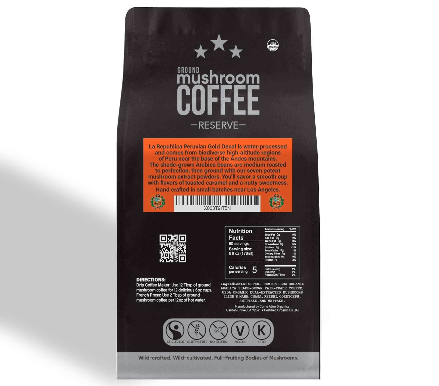 DECAF Peruvian Gold Ground Mushroom Coffee - My American Goods